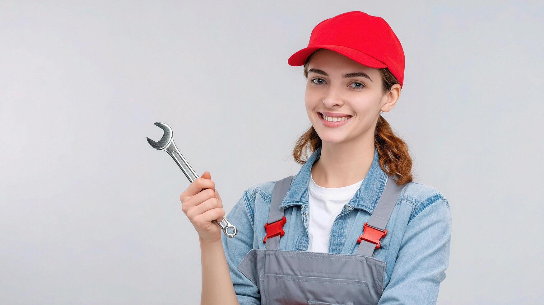 A woman in a red hat holding a wrench photo