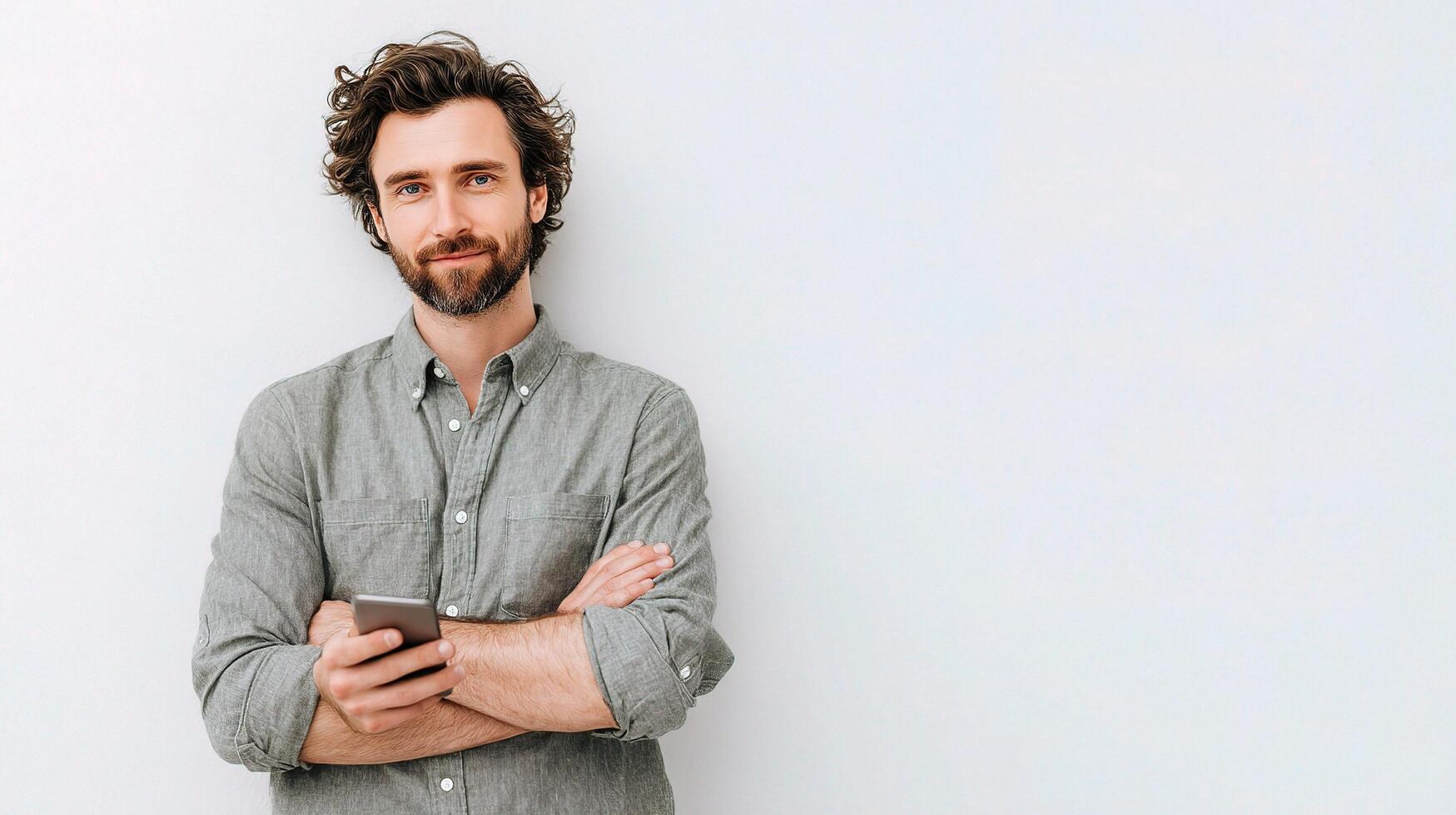 A man with a beard and a shirt standing in front of a white wall photo