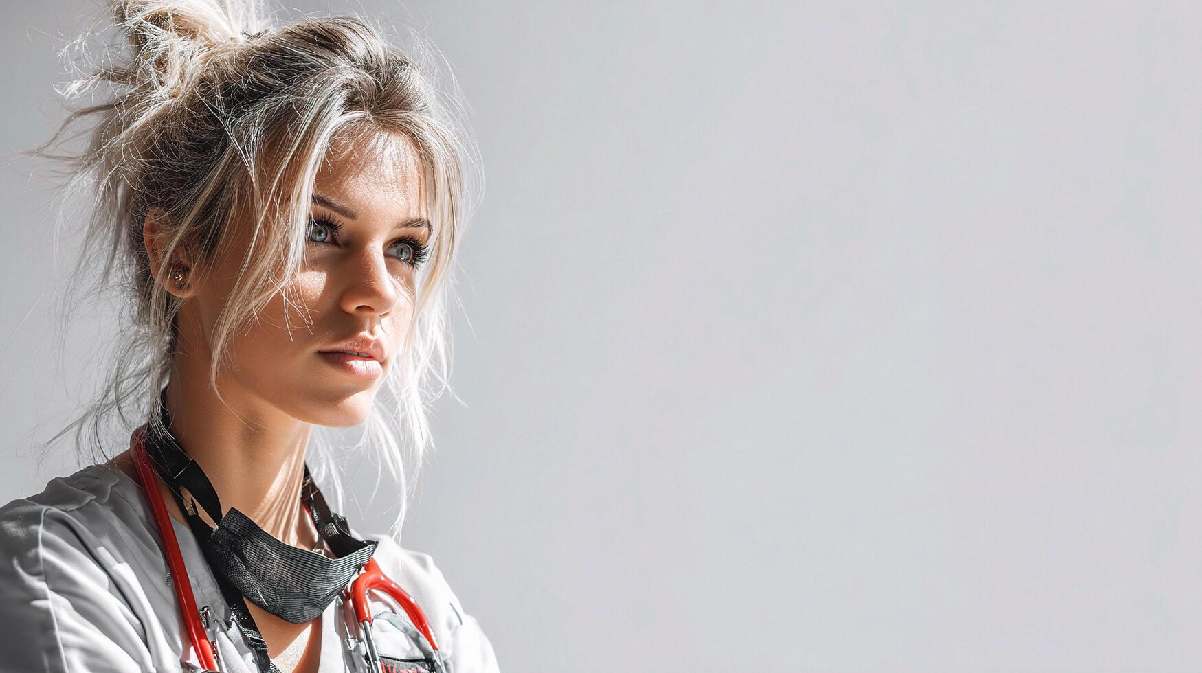 A woman in a white lab coat and stethoscope photo