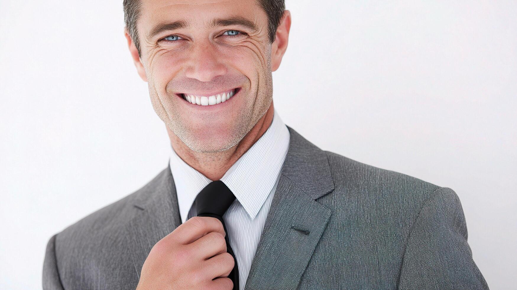 A man in a suit is smiling and adjusting his tie photo