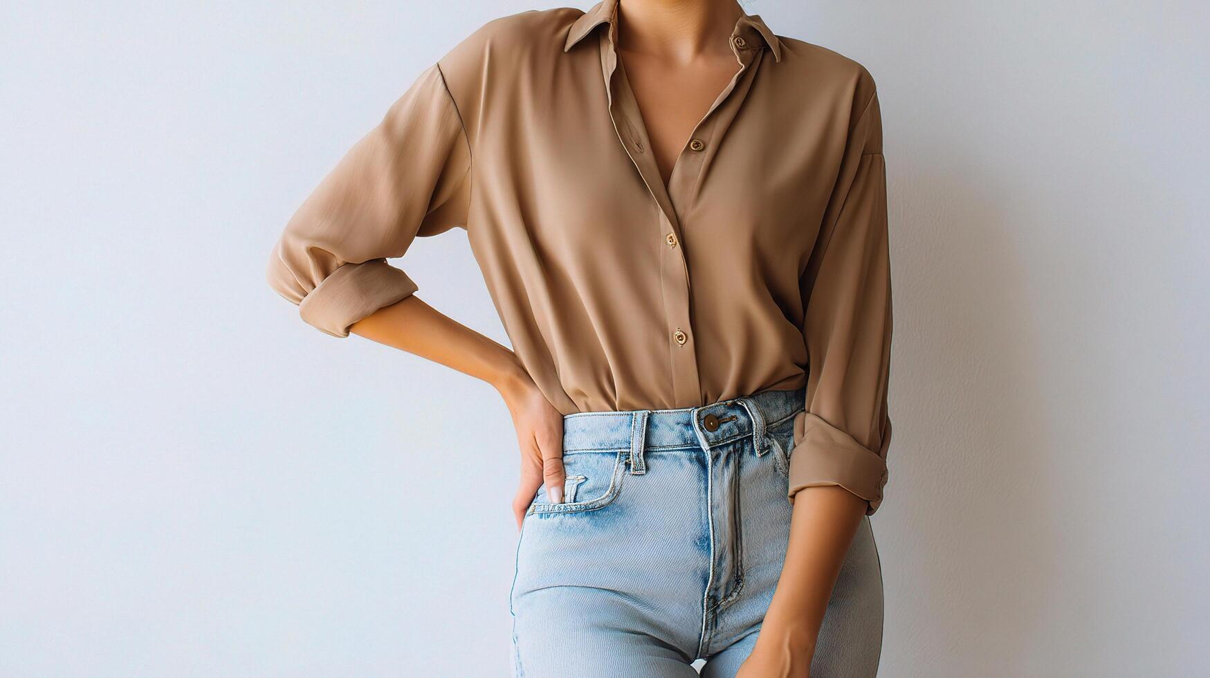 A woman in a tan shirt and jeans photo