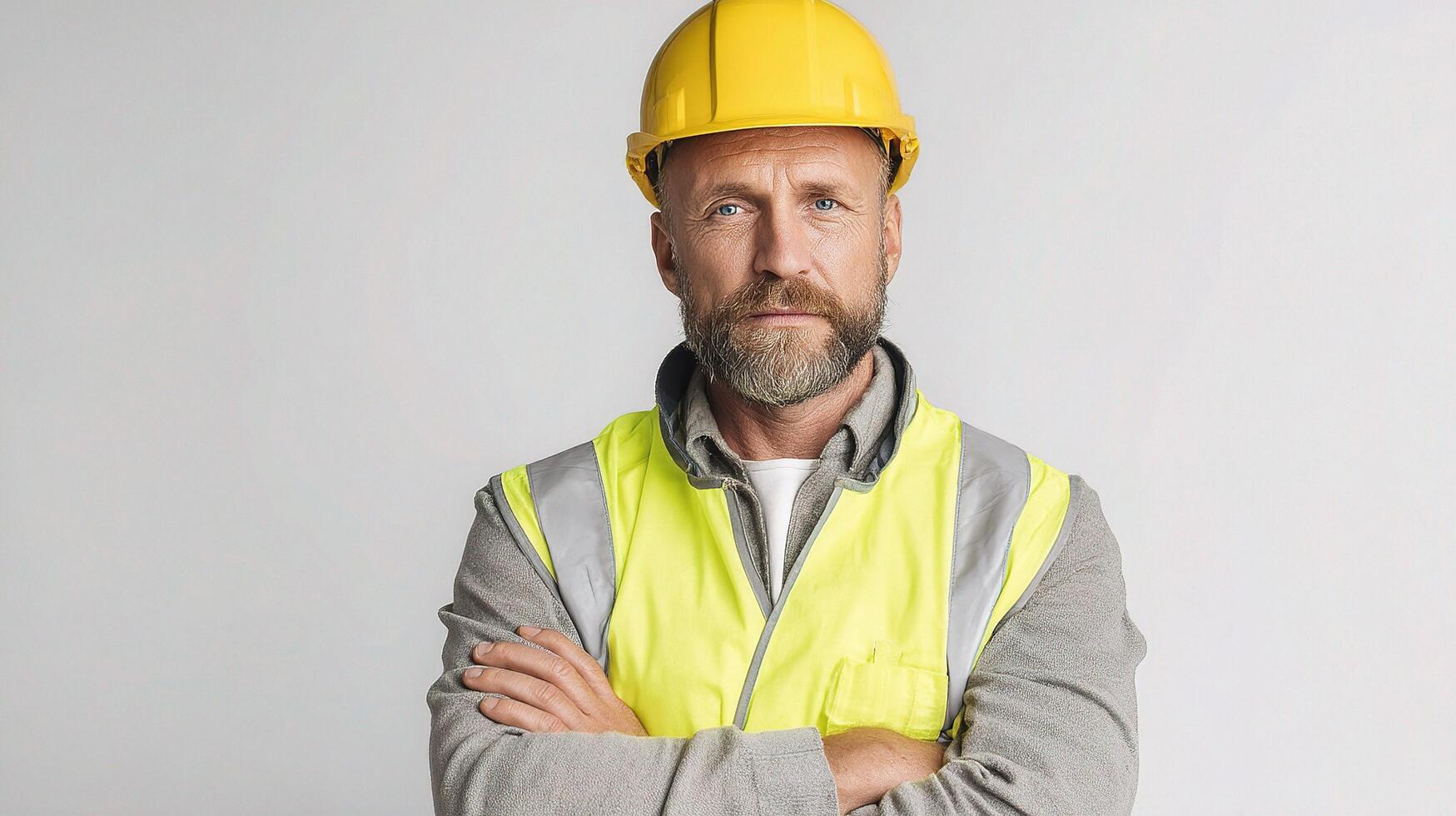 A man in a hard hat and vest standing with his arms crossed photo