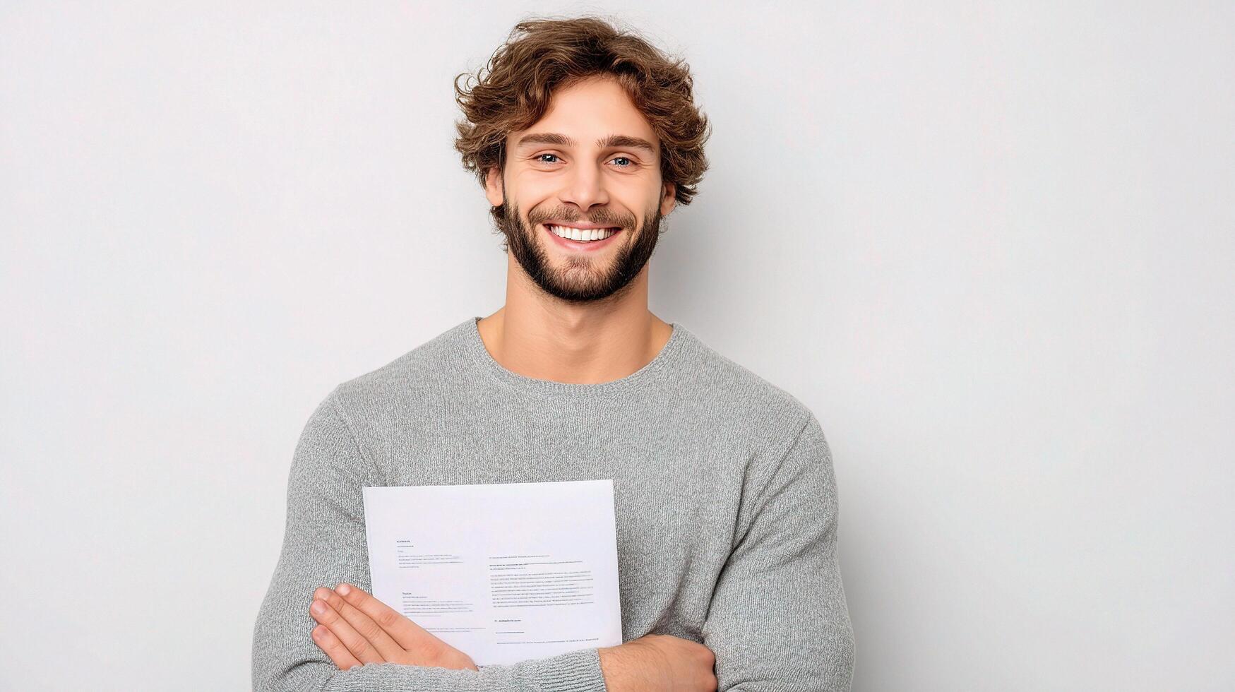 A man holding a piece of paper and smiling photo