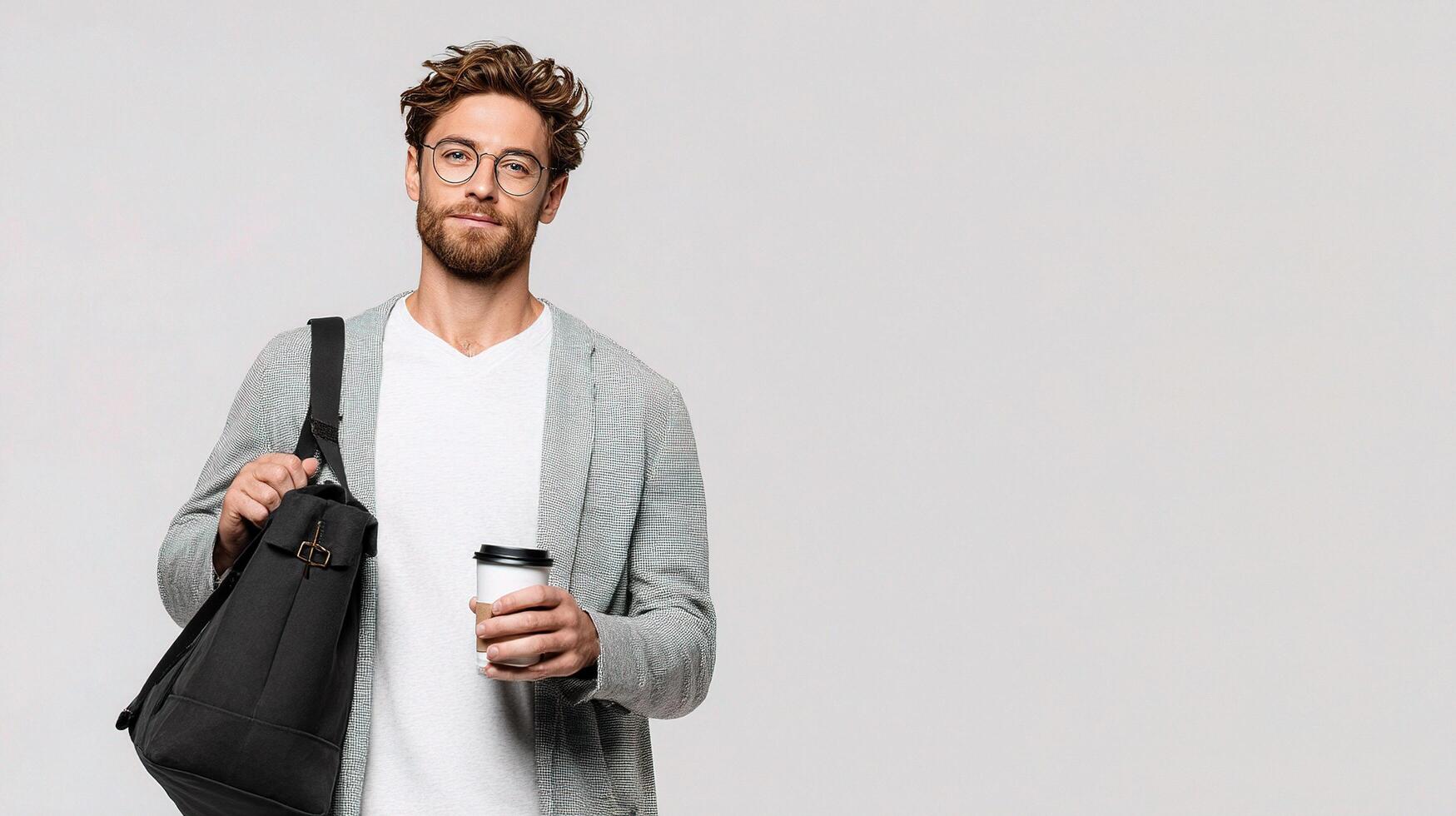A man with glasses and a beard holding a black bag photo