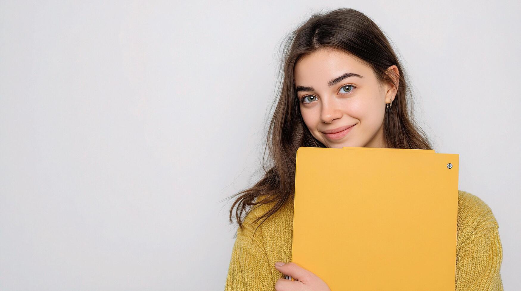 A girl holding a yellow folder photo