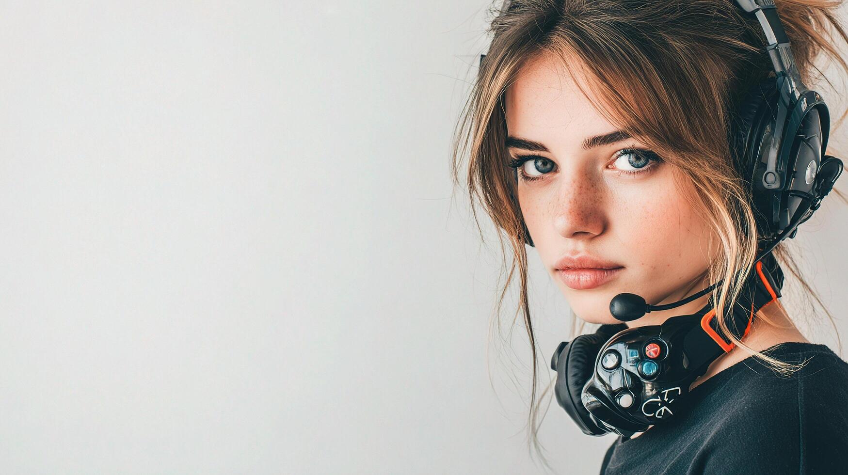 A woman wearing a headset and headphones photo