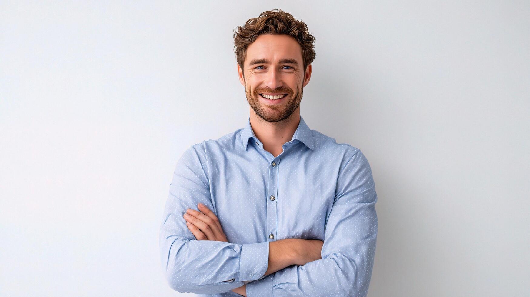A man in a blue shirt is smiling photo