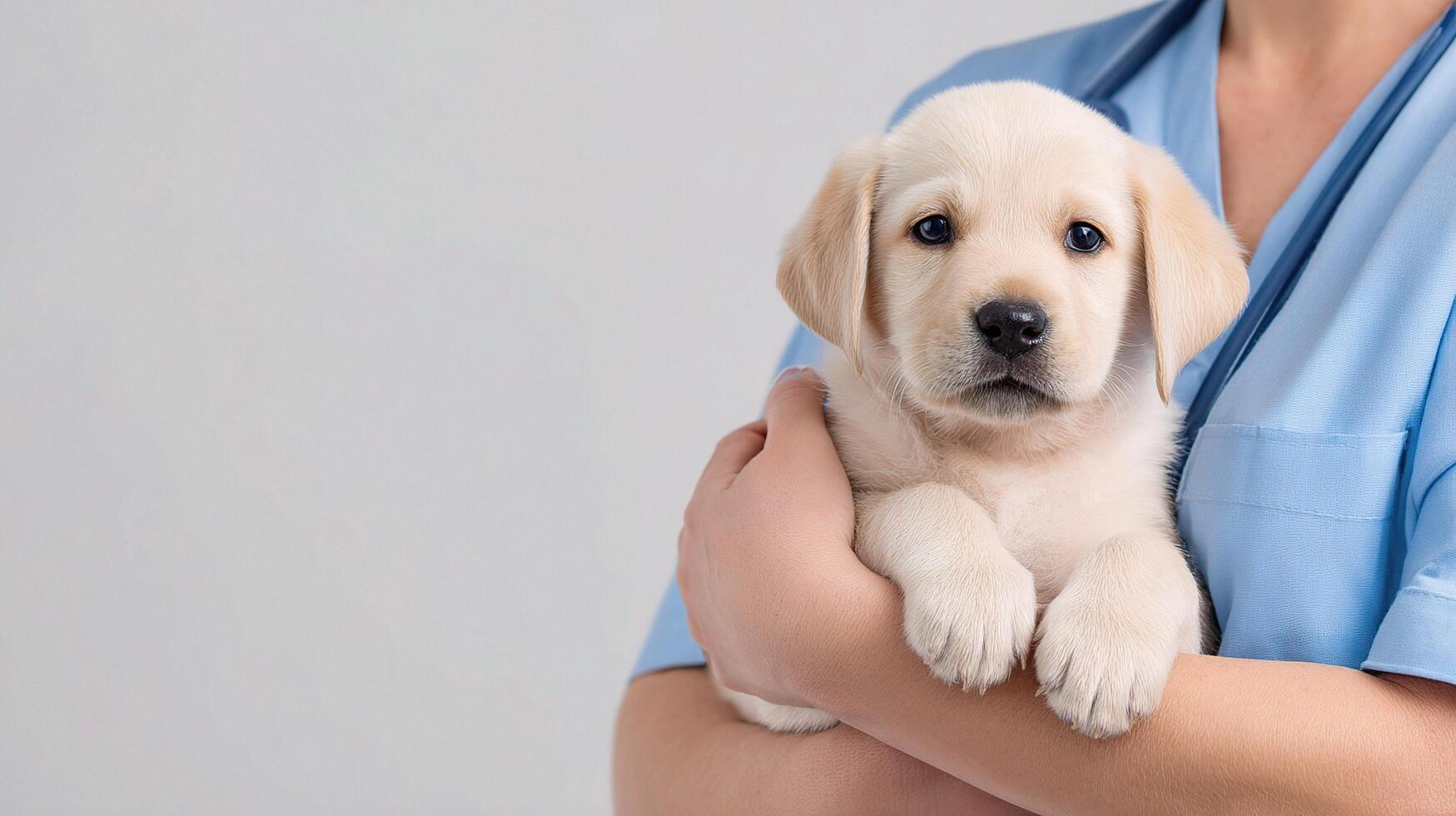 A woman in a blue shirt holding a puppy photo
