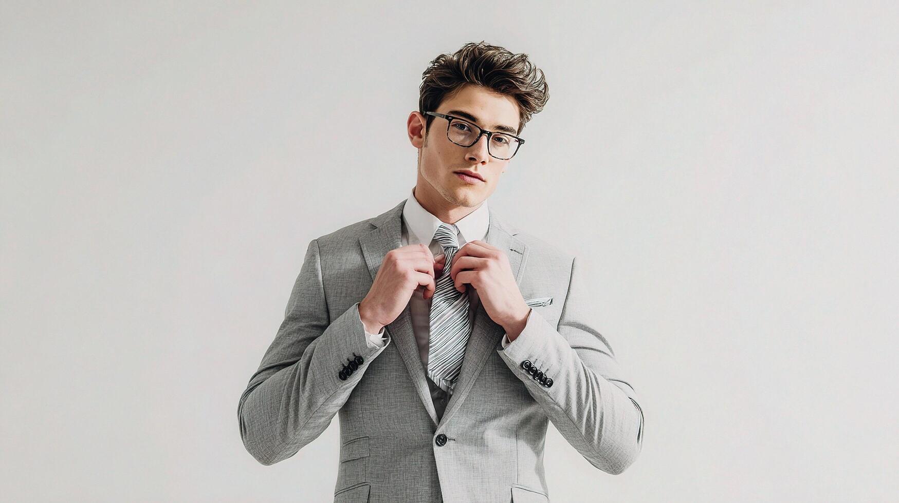 A man in glasses and a suit adjusting his tie photo