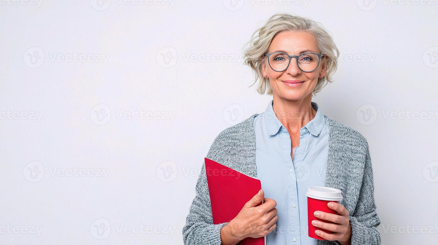 A woman with glasses holding a red folder and a cup of coffee photo