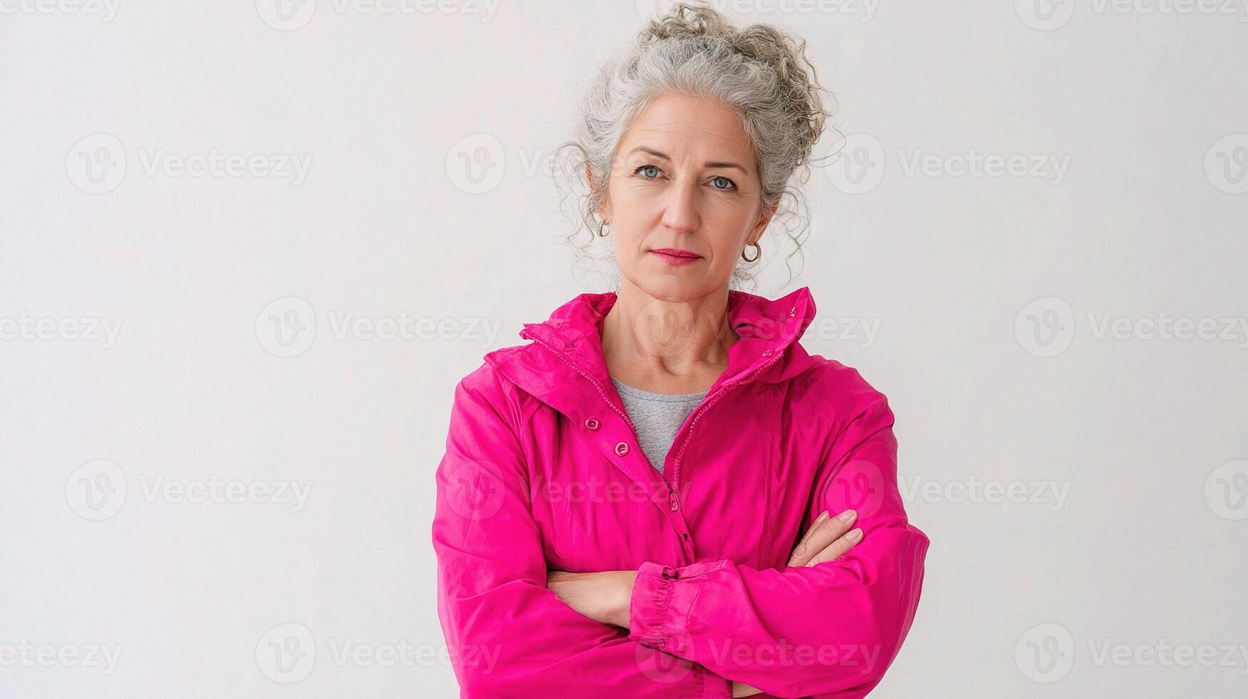 An older woman in a pink jacket standing with her arms crossed photo