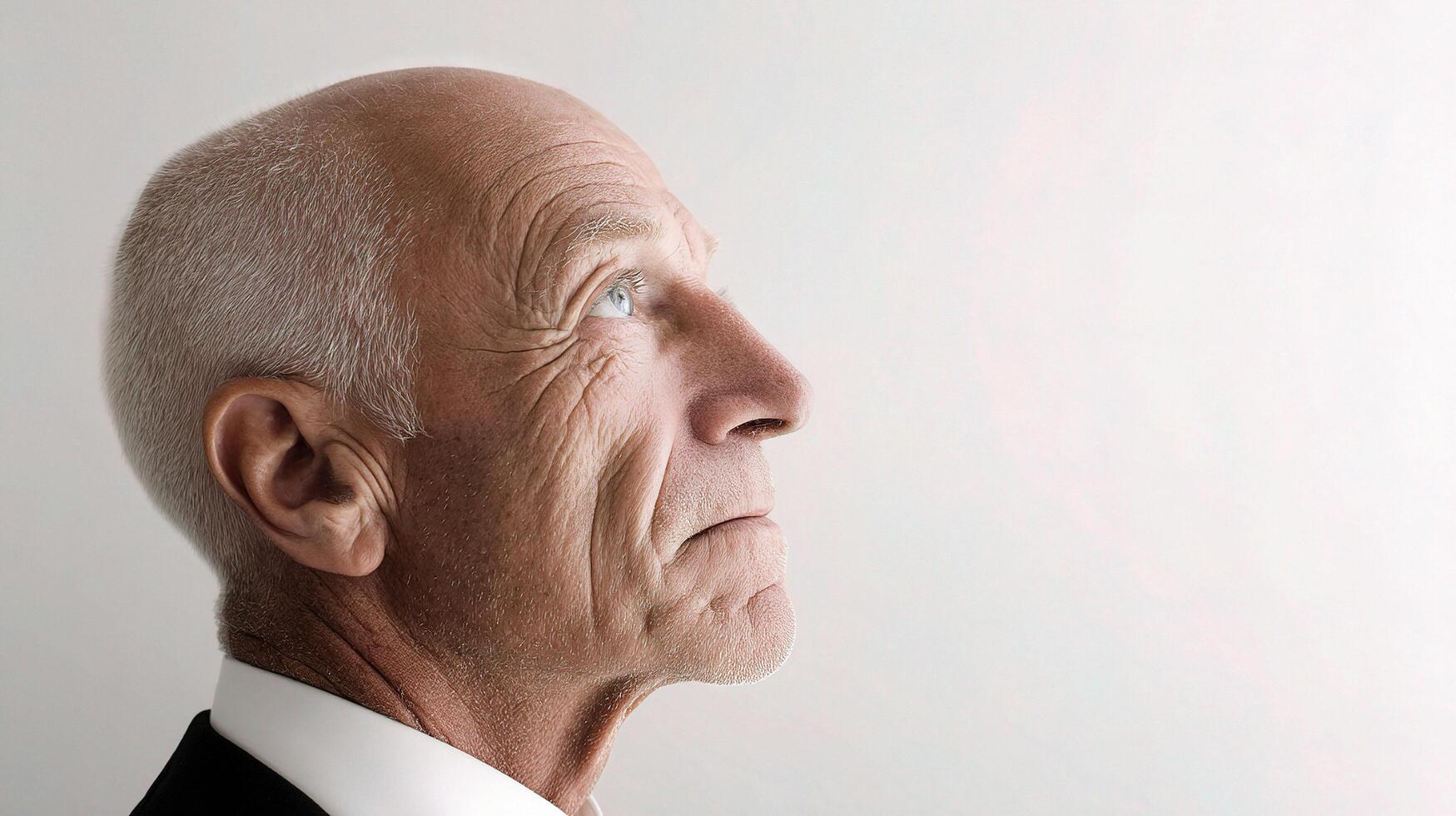 An older man in a suit and tie looking up photo