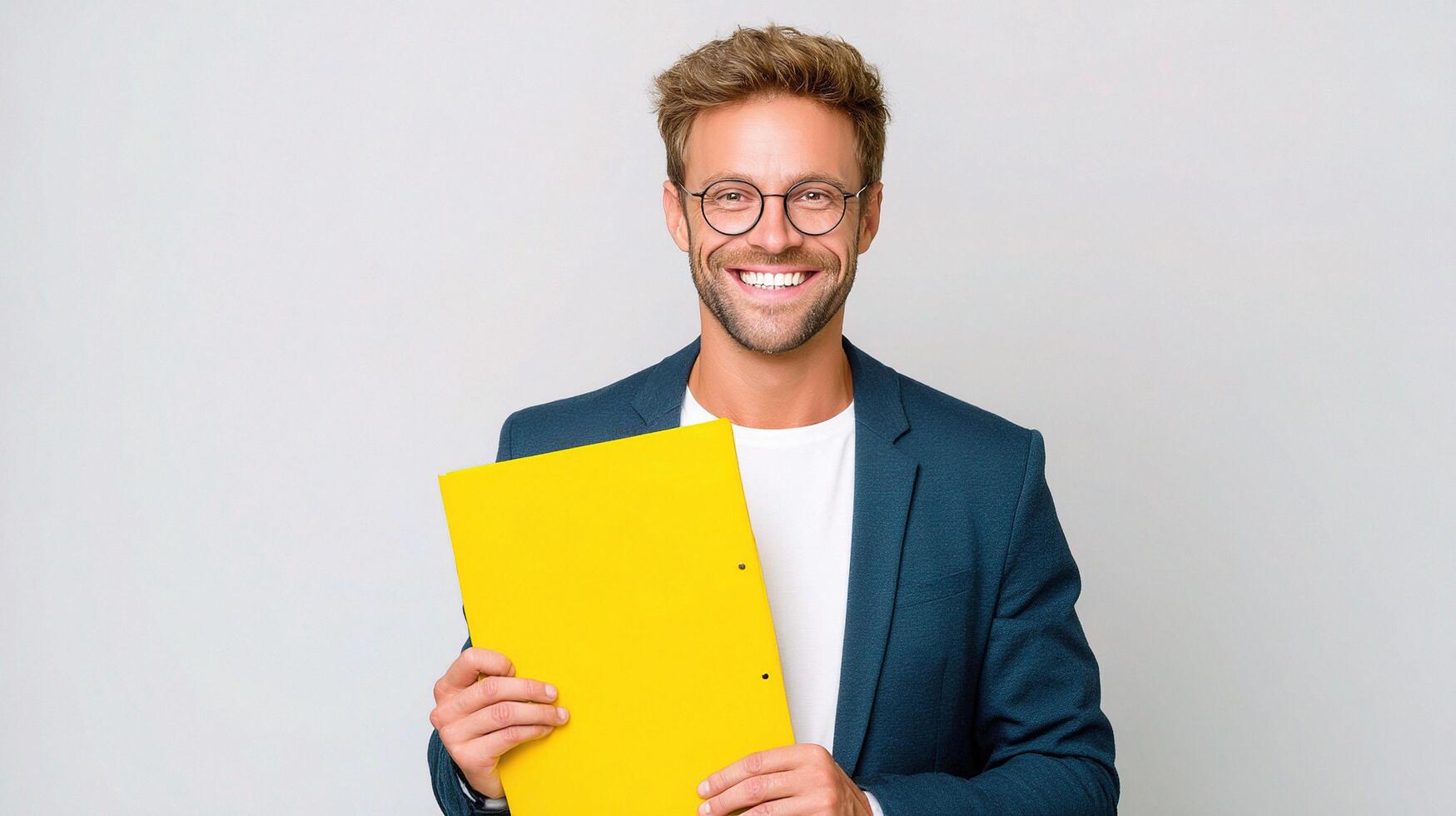 Portrait of smiling young man holding yellow folder over gray background photo