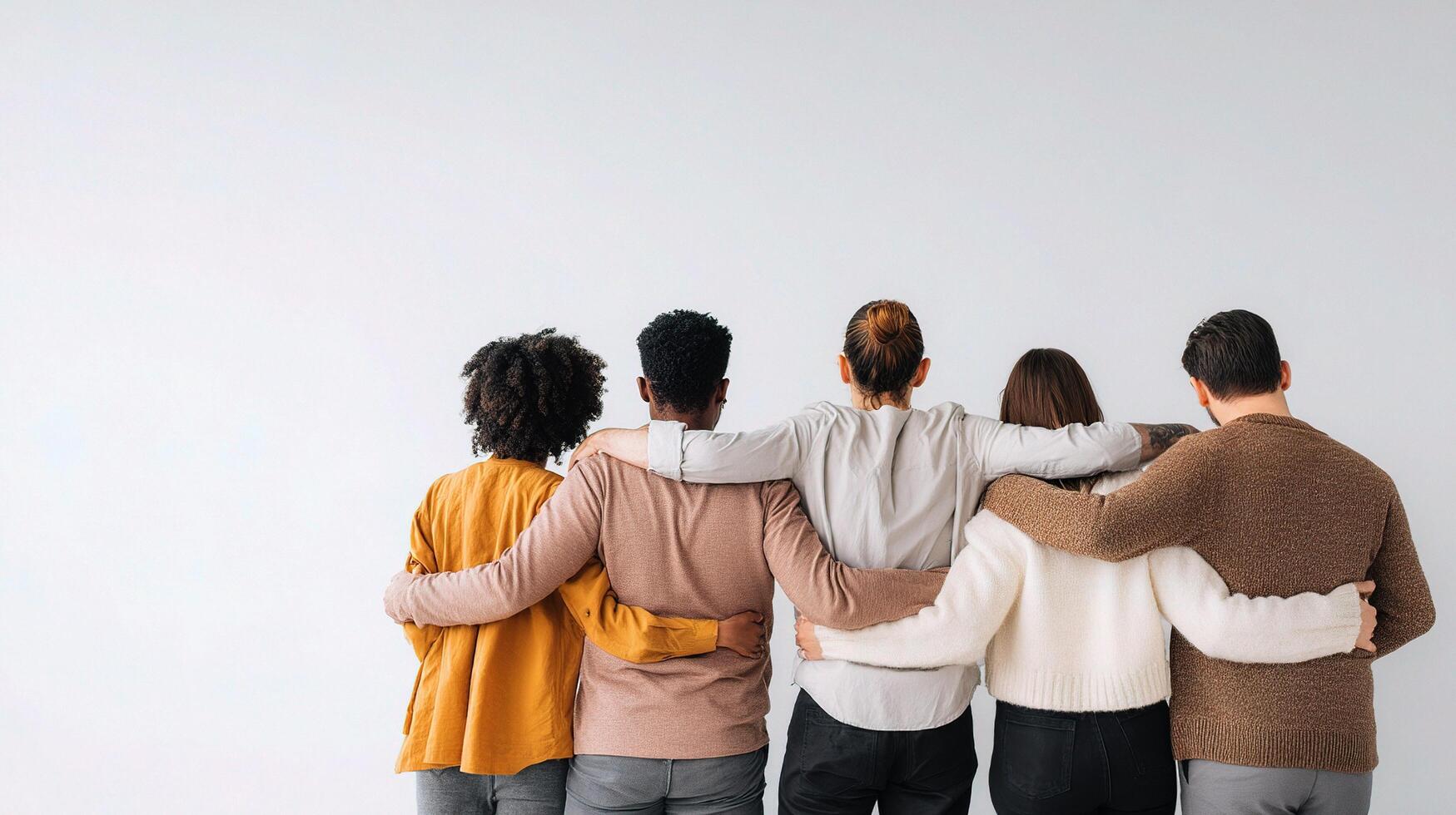 Back view of a group of people hugging photo