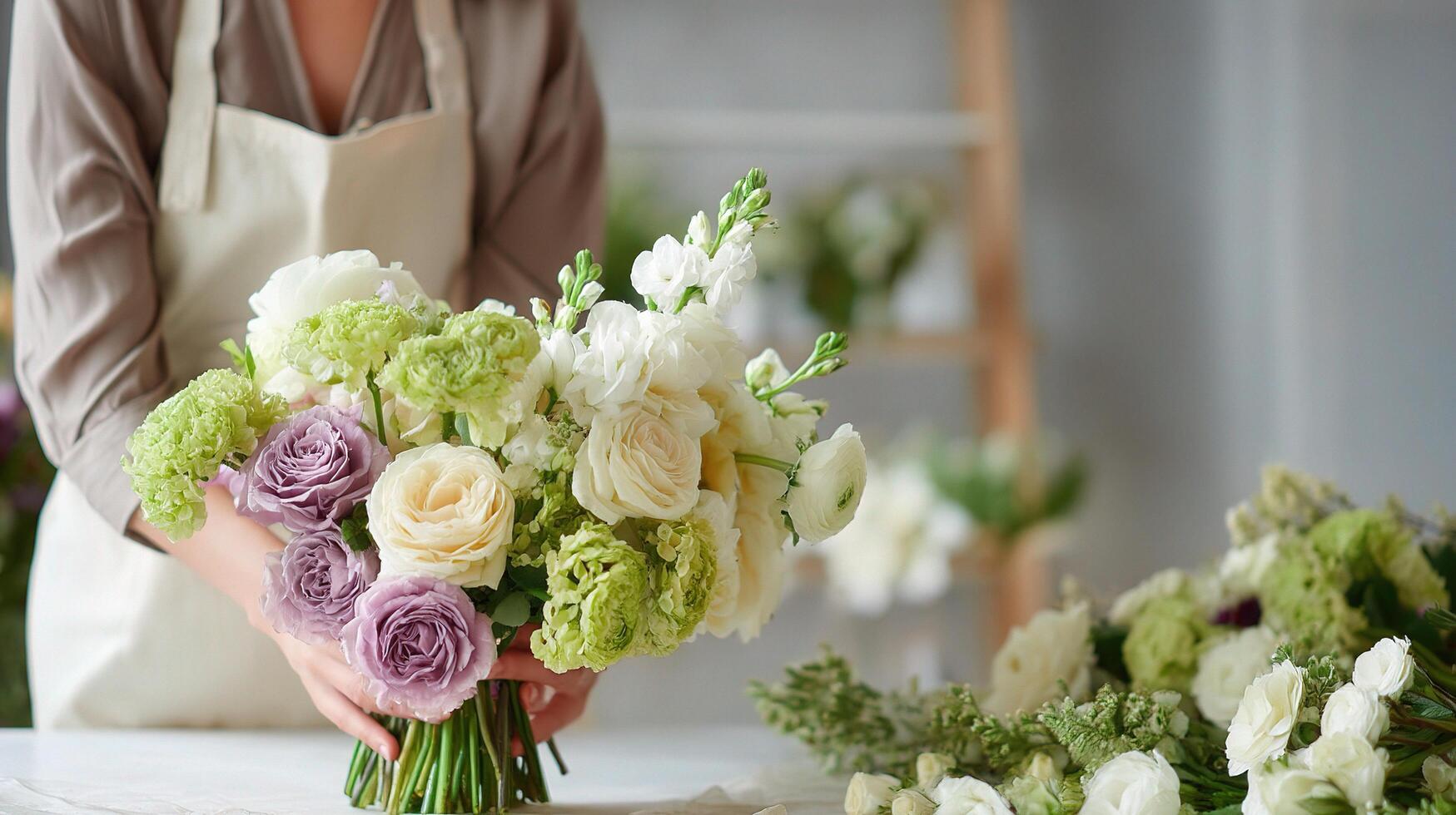 A woman is holding a bouquet of flowers photo
