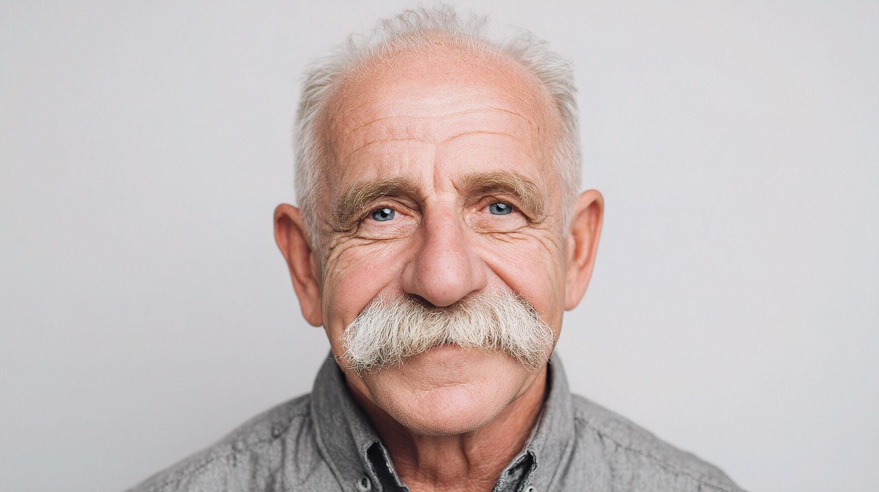 An older man with a mustache and a gray shirt photo