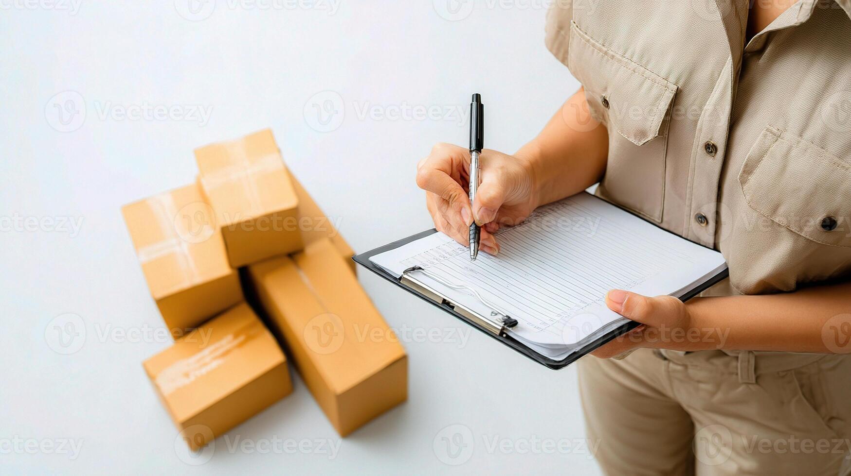 A woman in uniform is writing on a clipboard with a pen and a box of packages photo