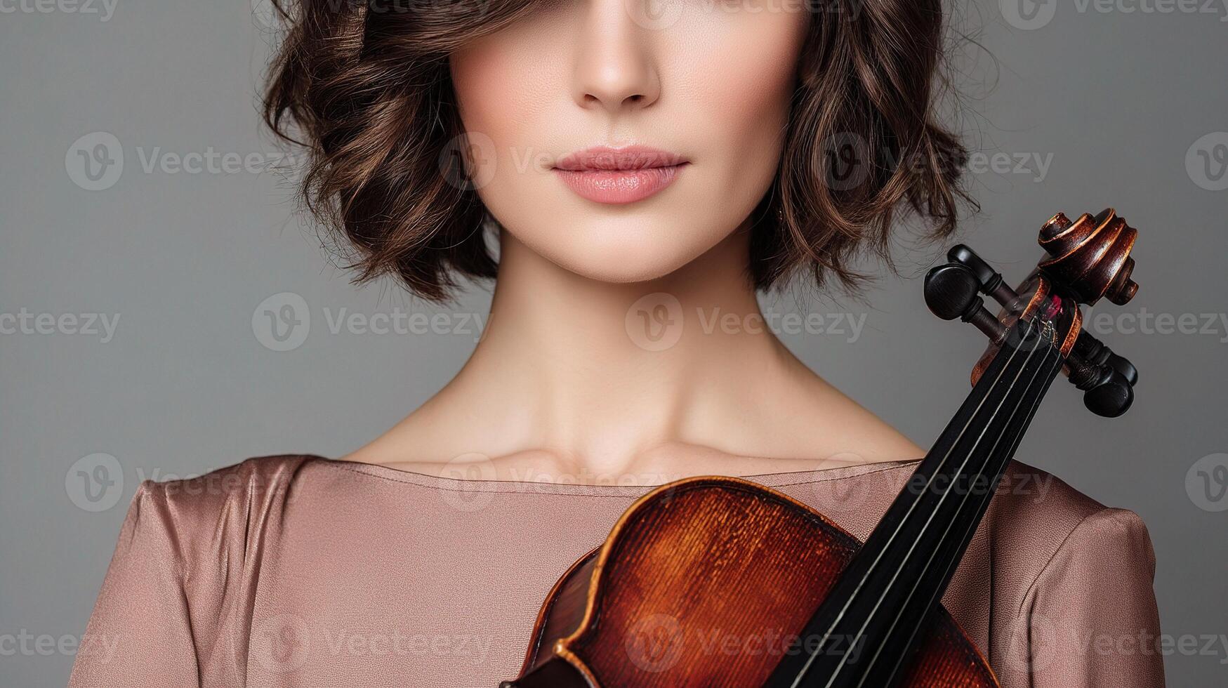 A woman with short hair holding a violin photo