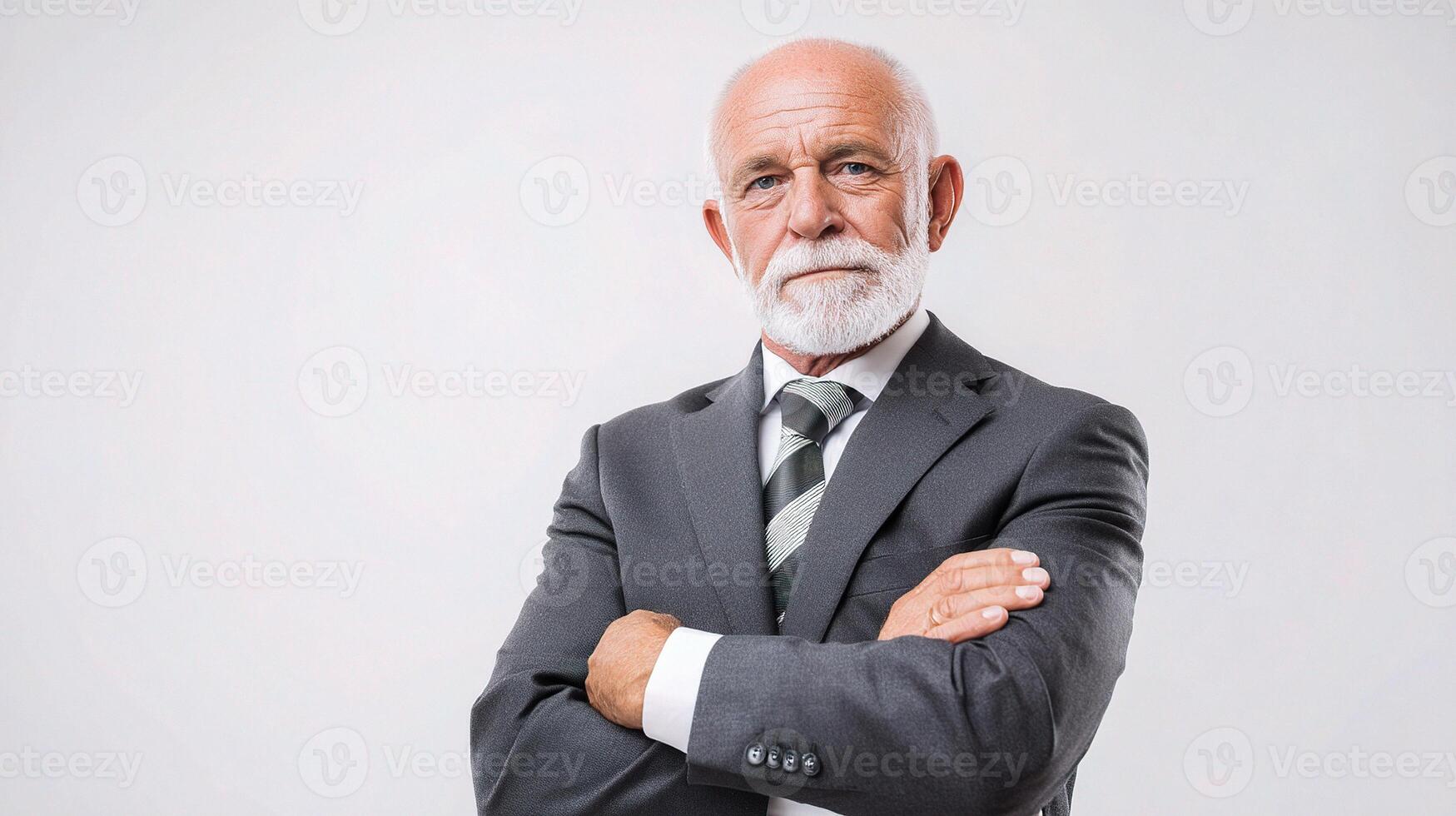 An older man in a suit and tie standing with his arms crossed photo