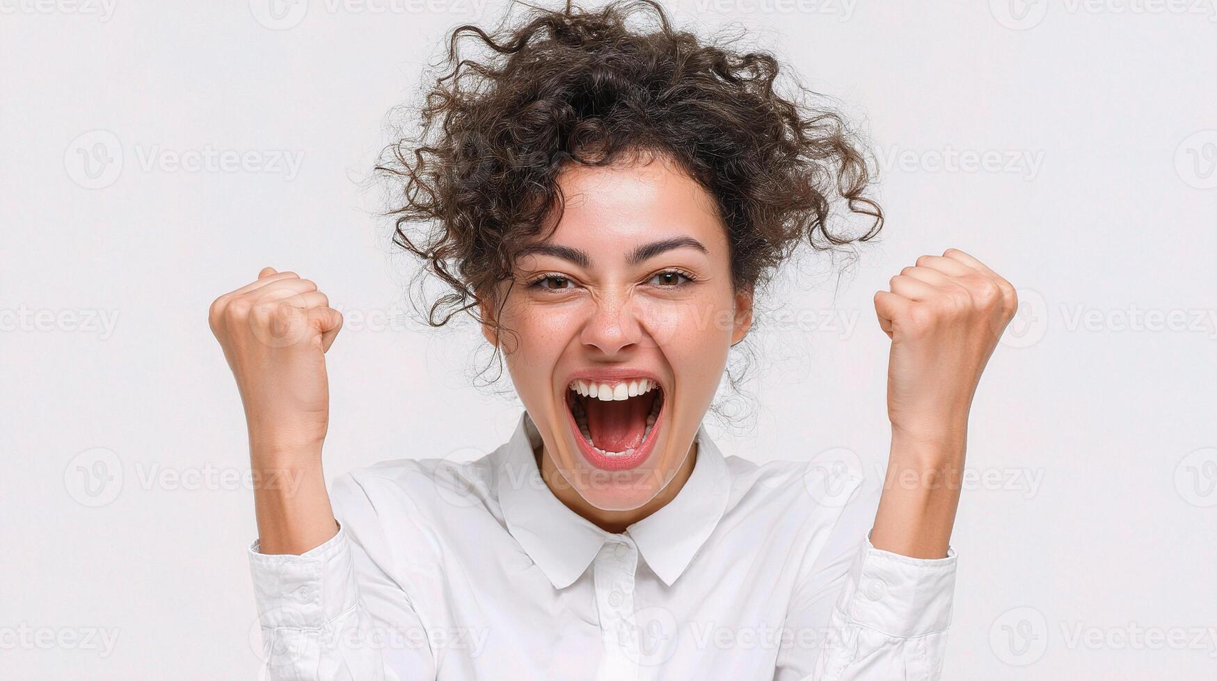 A woman with curly hair and a white shirt is raising her fist photo