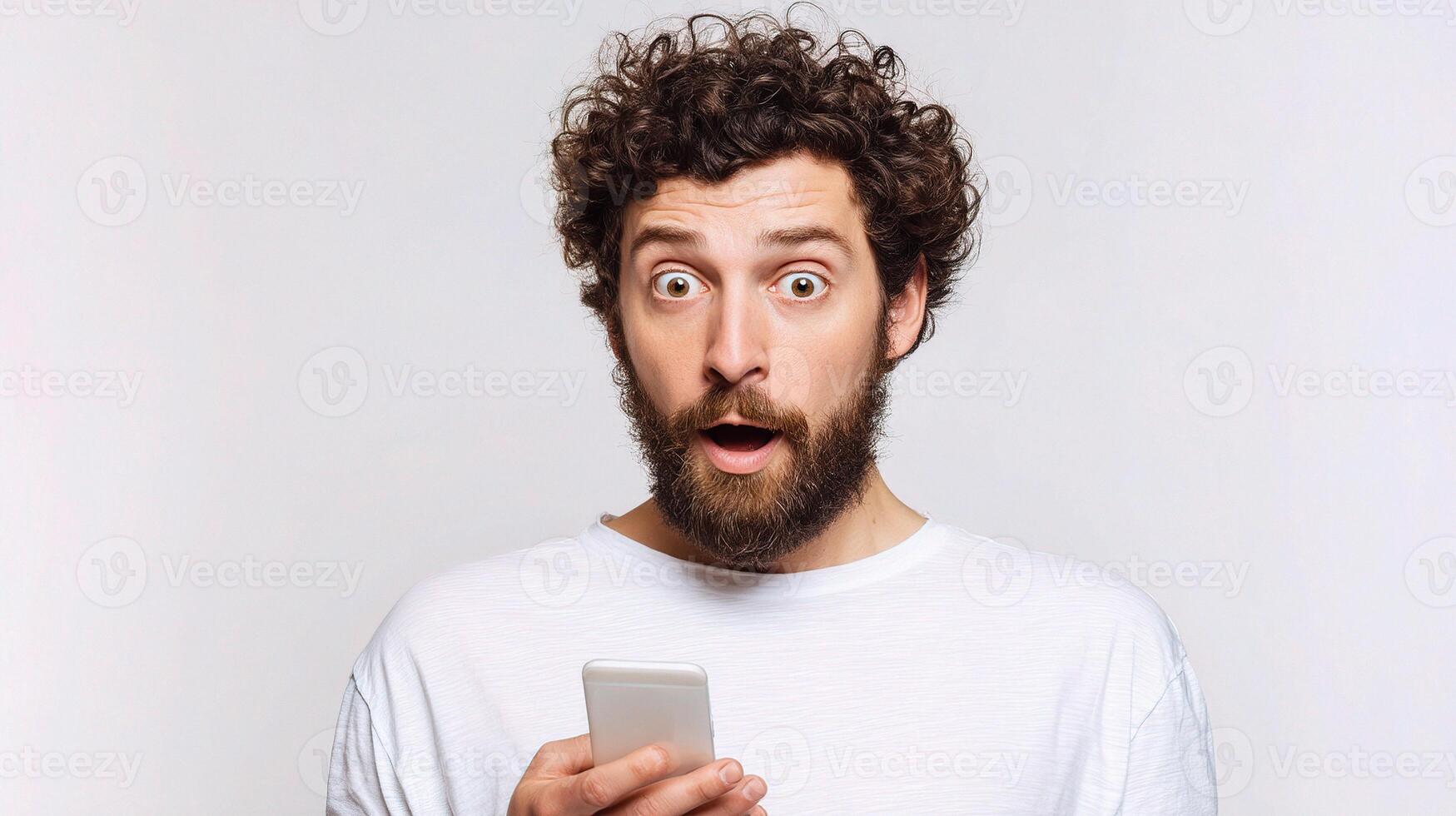 Surprised man with a smartphone on white background photo