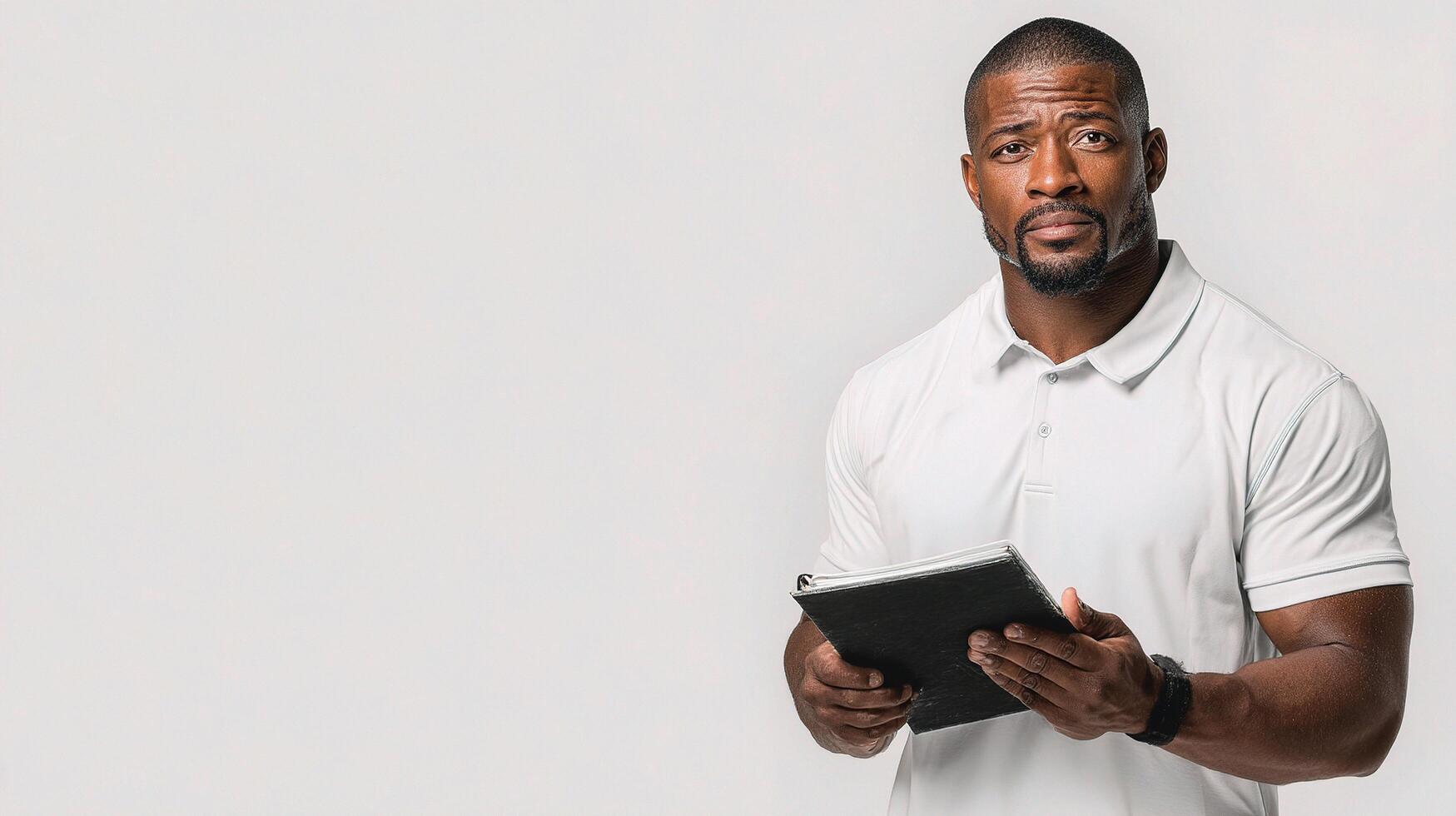 A man holding a tablet and looking at it photo