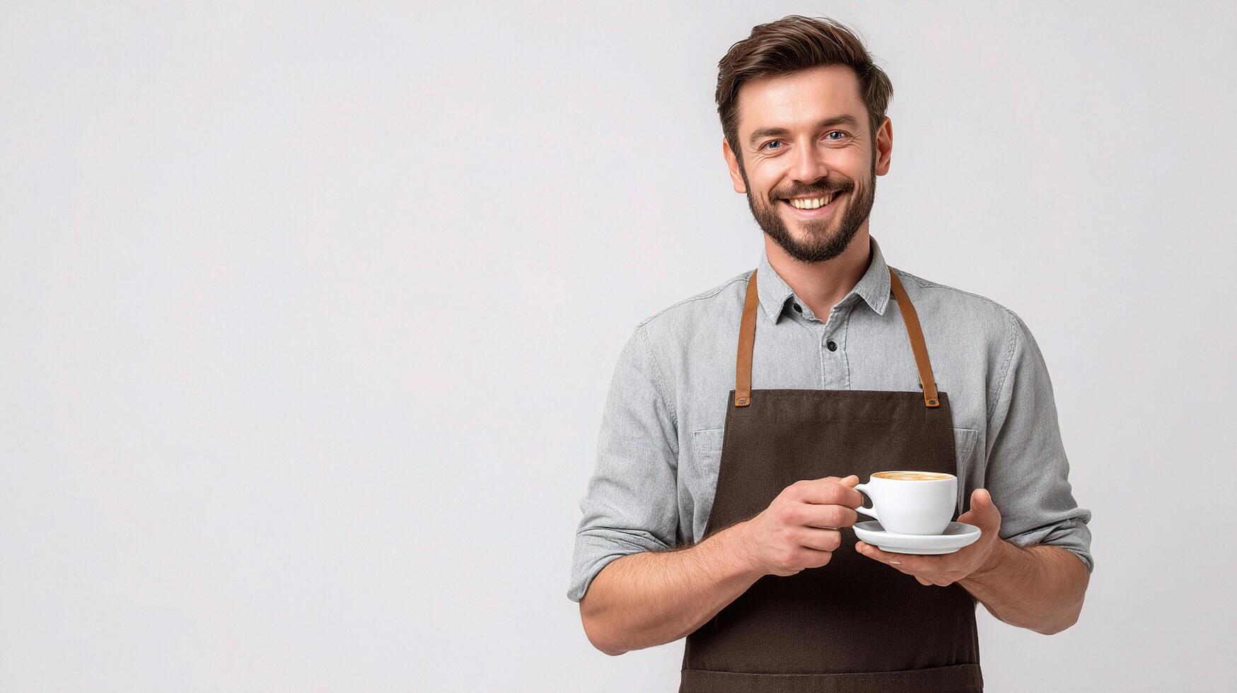 A smiling man in an apron holding a cup of coffee photo