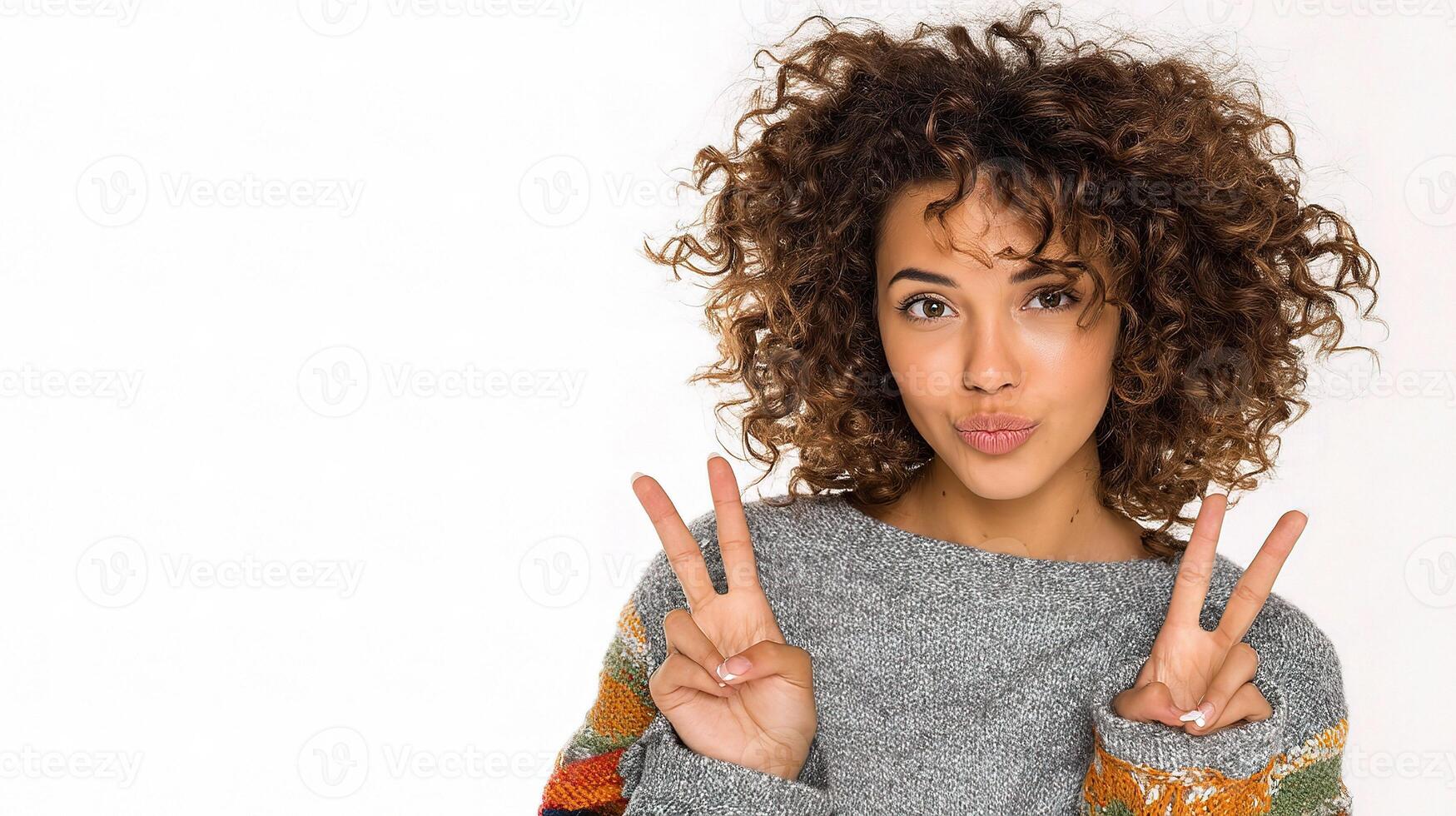 A woman with curly hair making a peace sign photo