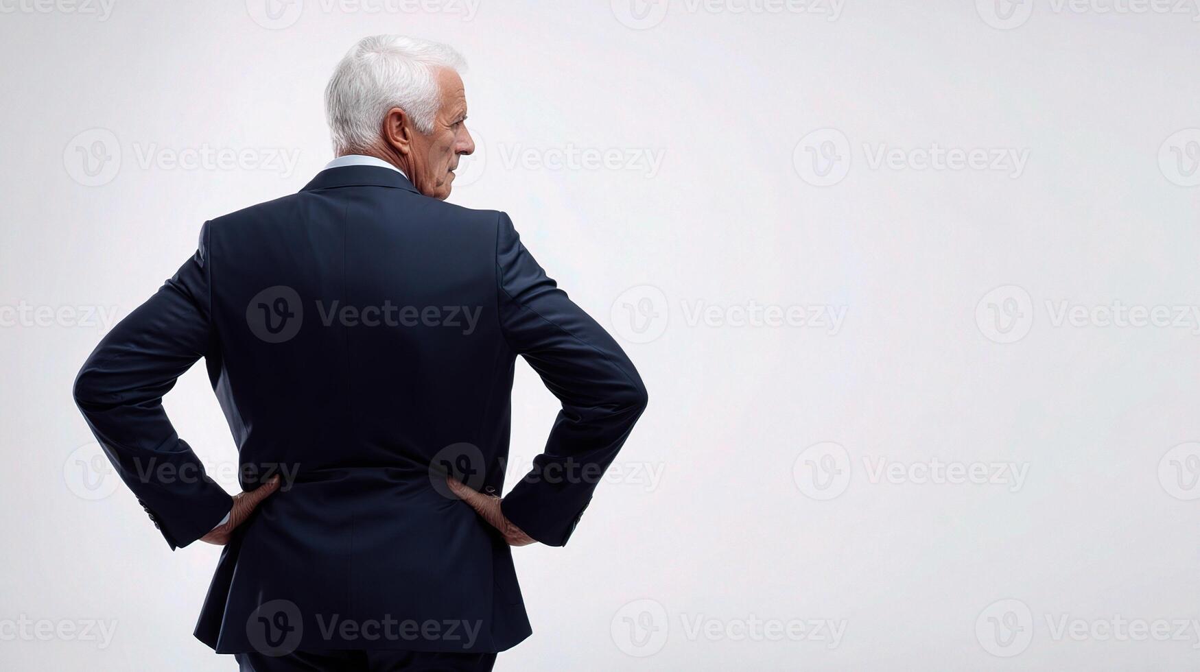 Back view of a senior businessman standing with his hands on his hips photo
