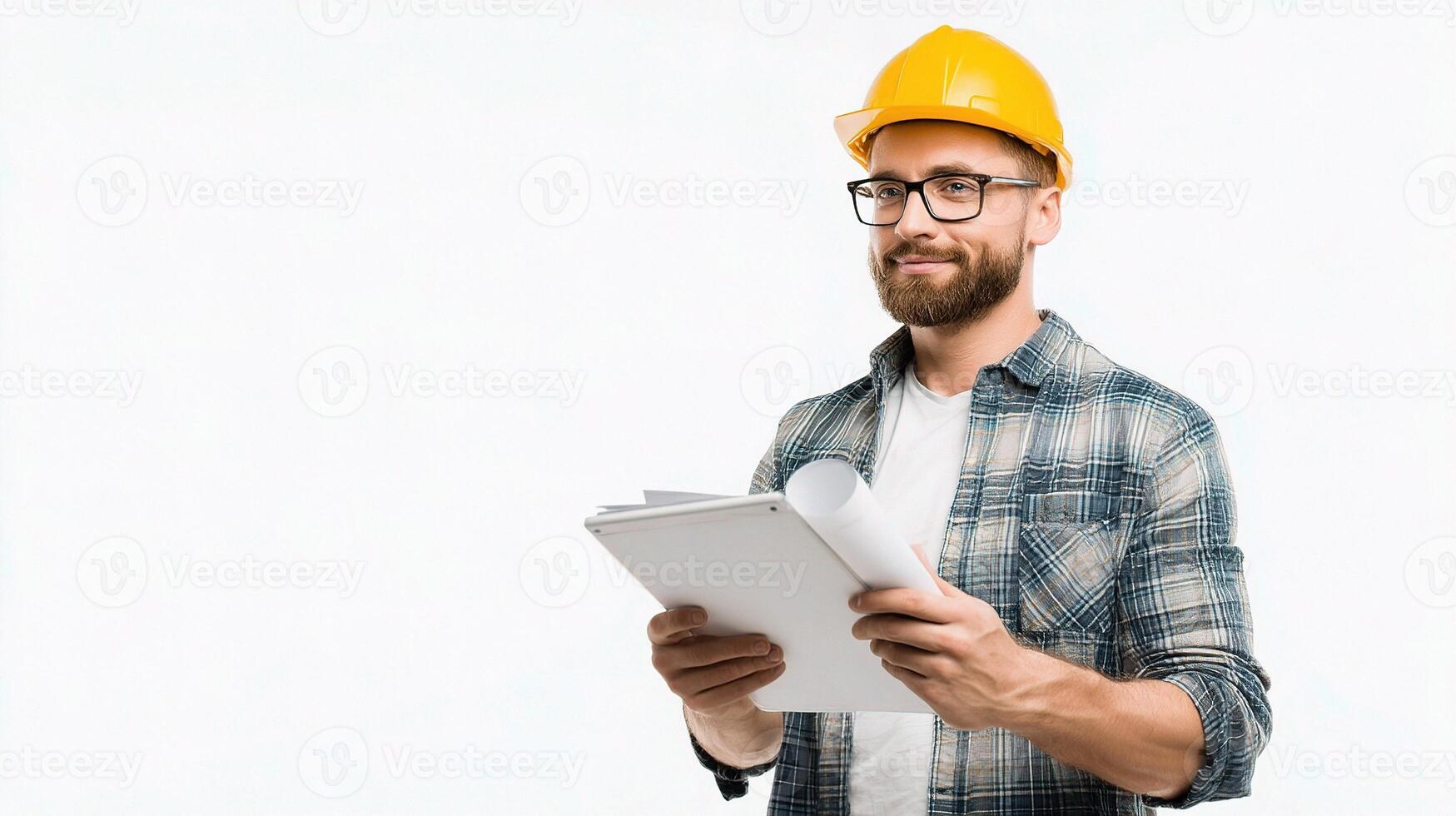 A man in a hard hat and glasses holding a clipboard photo