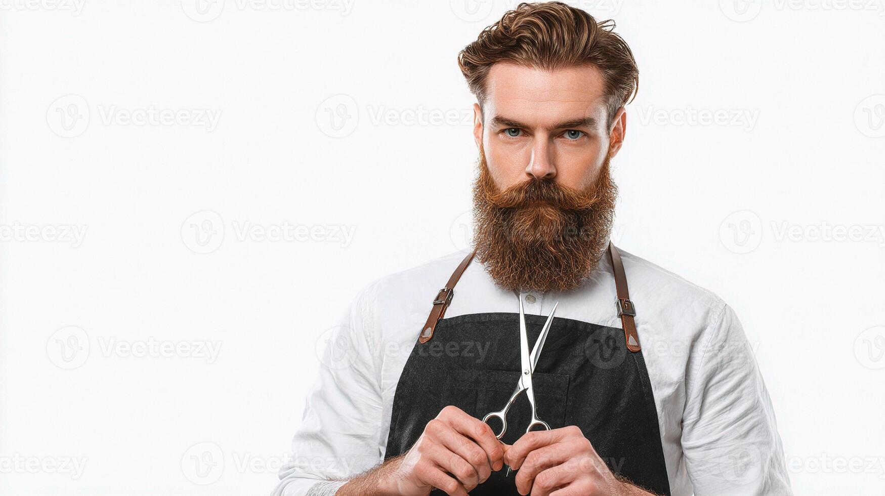 A man with a beard and apron is holding scissors photo