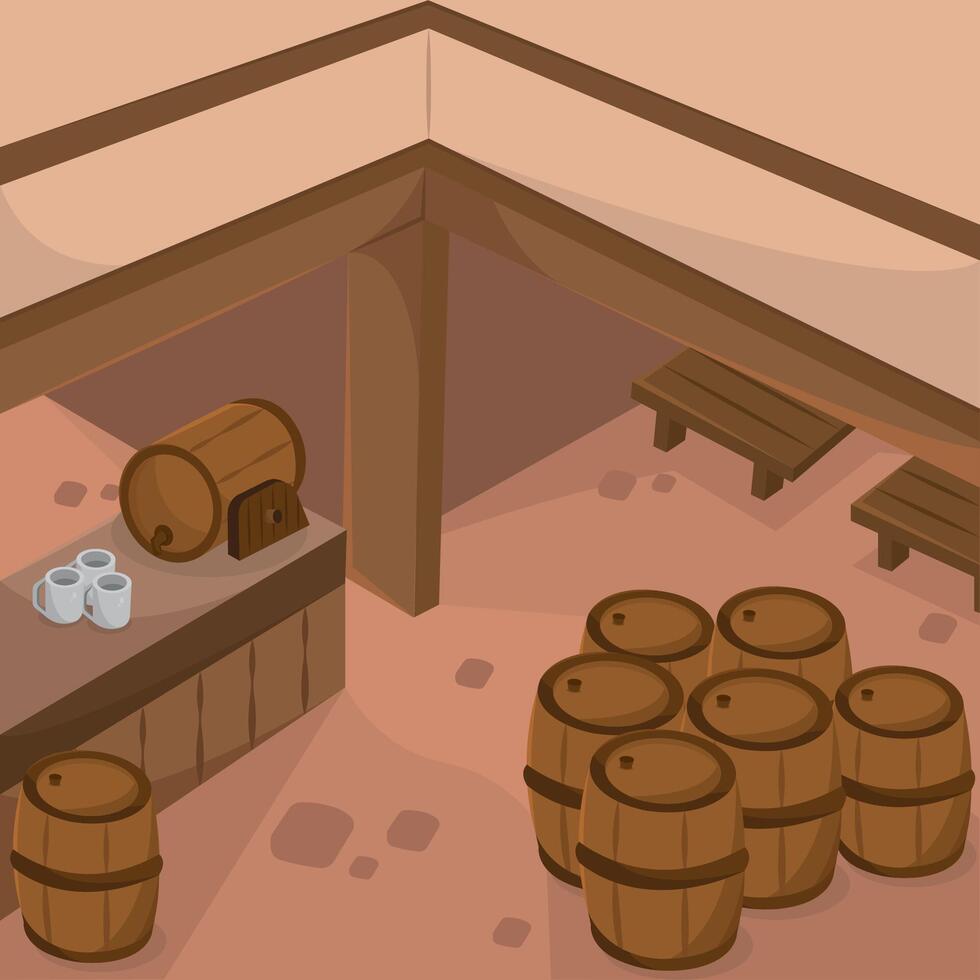 Medieval tavern with barrels. vector
