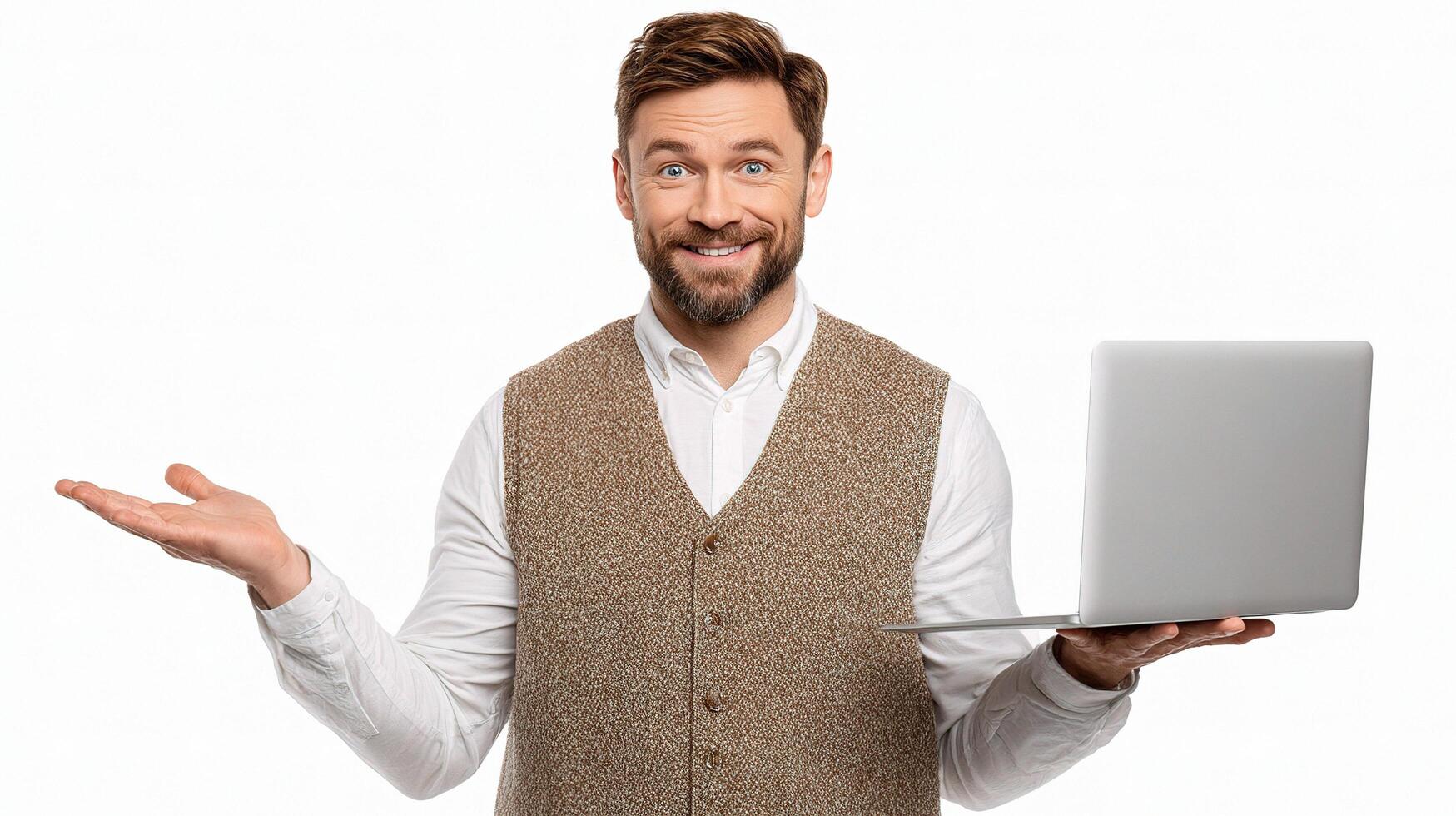 A man with a beard and vest is holding a laptop photo