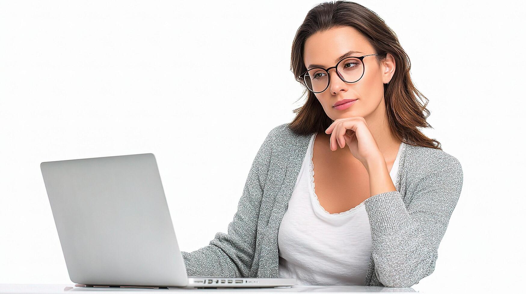 A woman with glasses sitting at a desk with a laptop photo