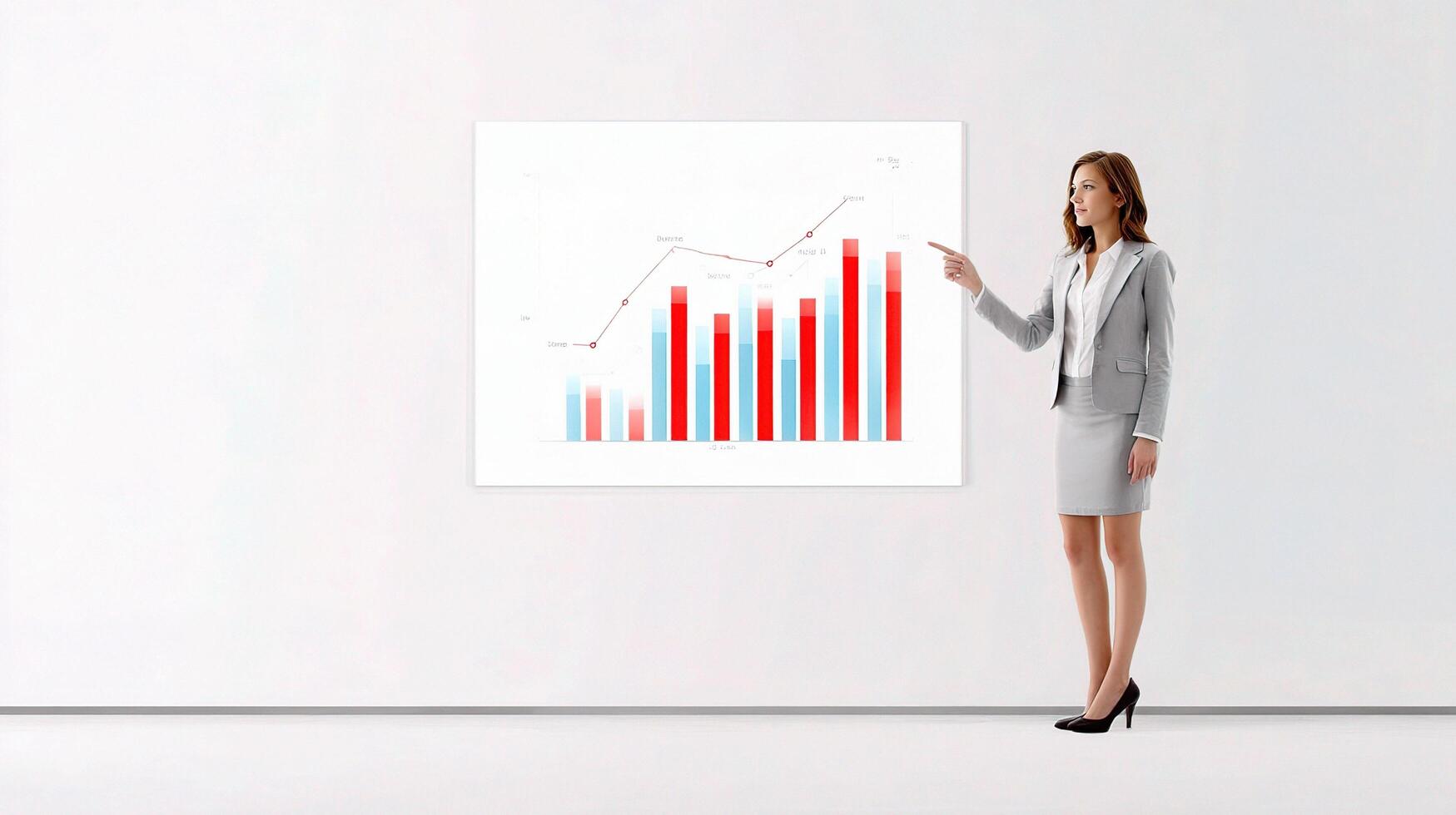 A woman in a business suit is pointing at a graph photo