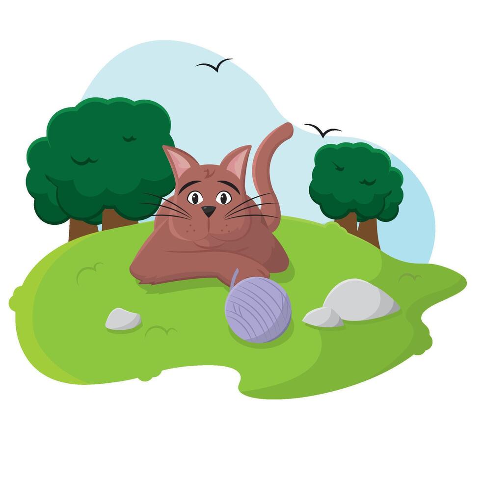 Brown cat playing outside. vector
