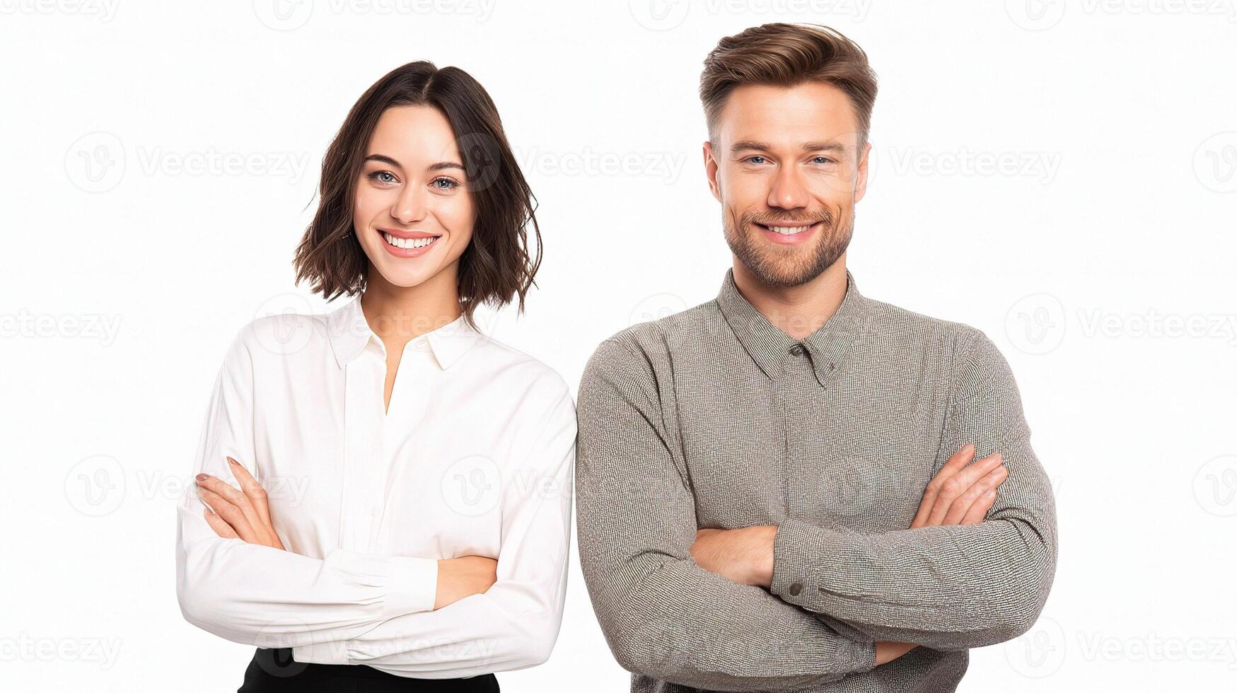A man and woman standing together with their arms crossed photo
