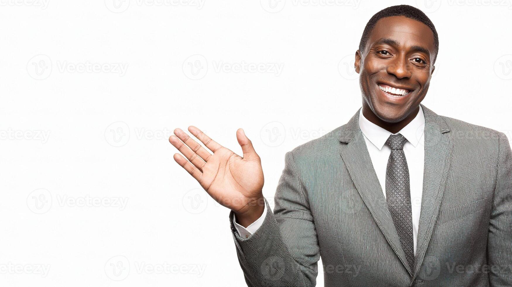 A smiling black man in a suit and tie waving photo