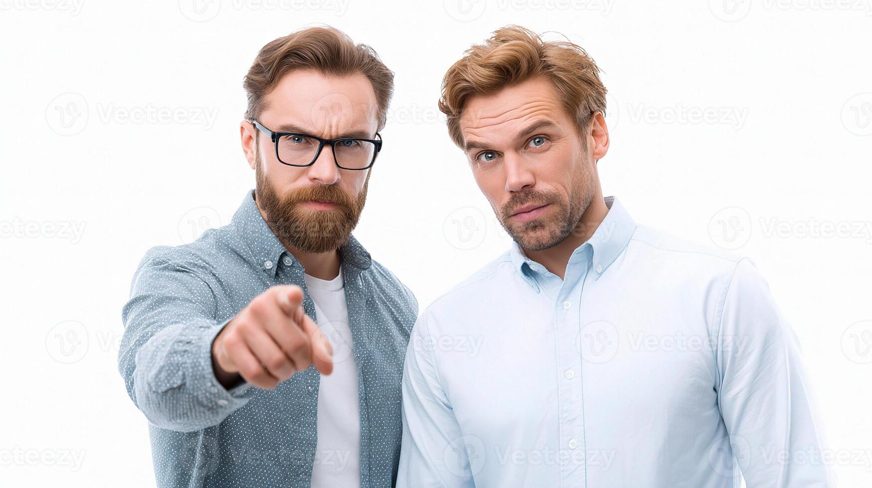 Two men pointing at something on a white background photo