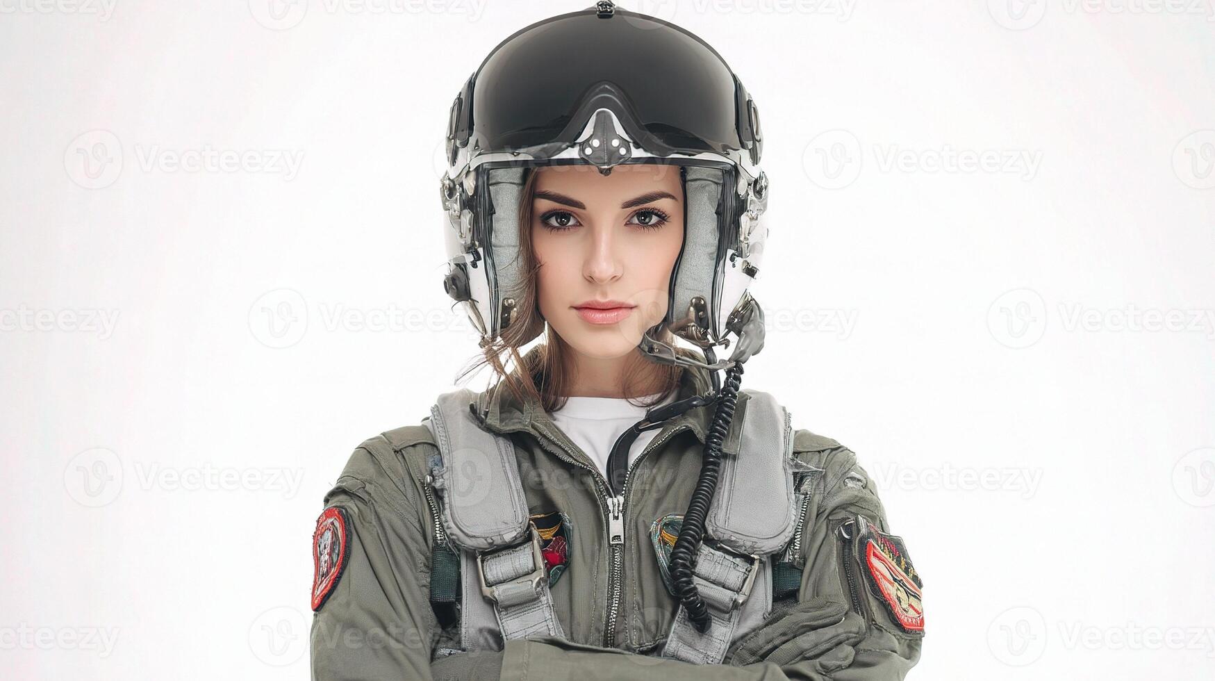 A woman in a pilot's uniform with her arms crossed photo