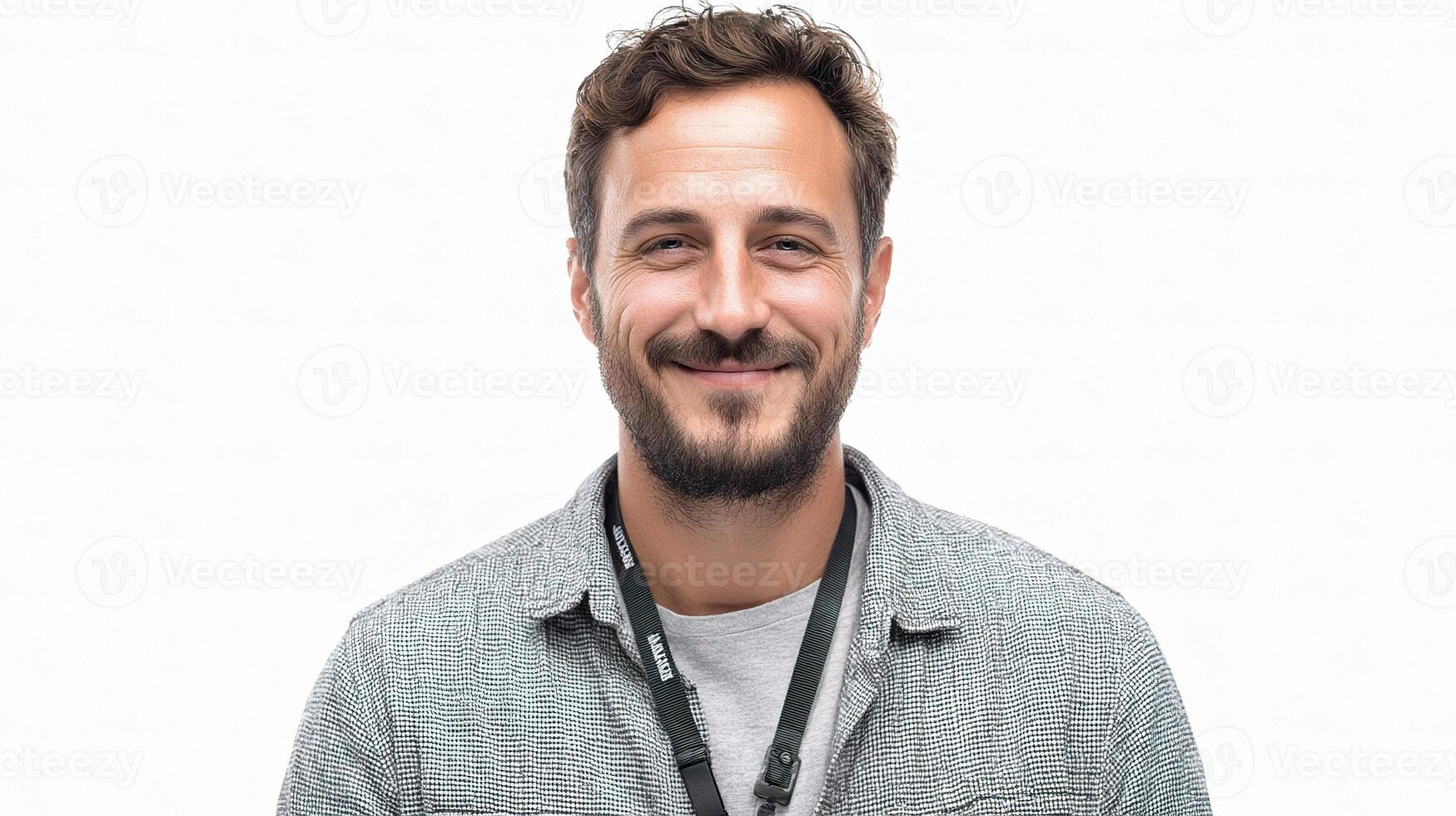 A man with a beard and a grey shirt is smiling photo