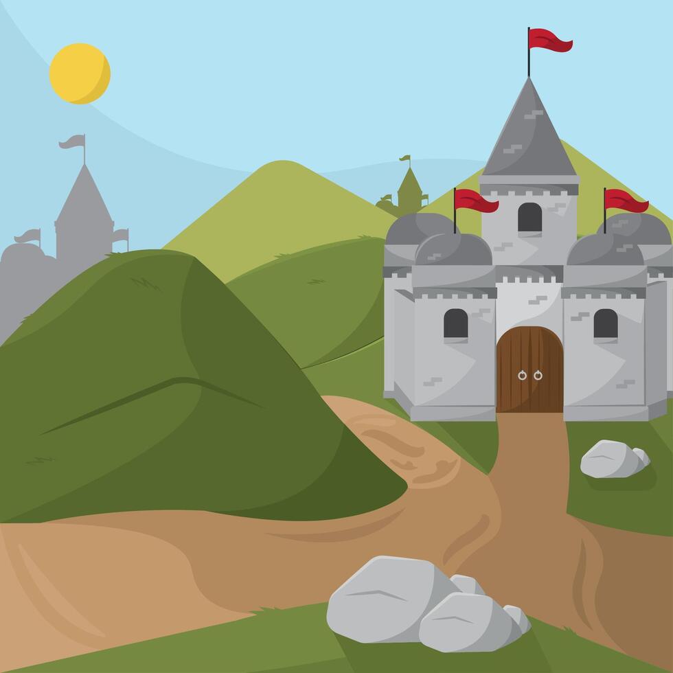 Hill castle with flags. vector