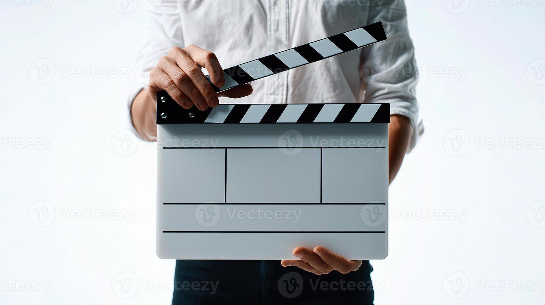 A person holding a clapper board over a white background photo