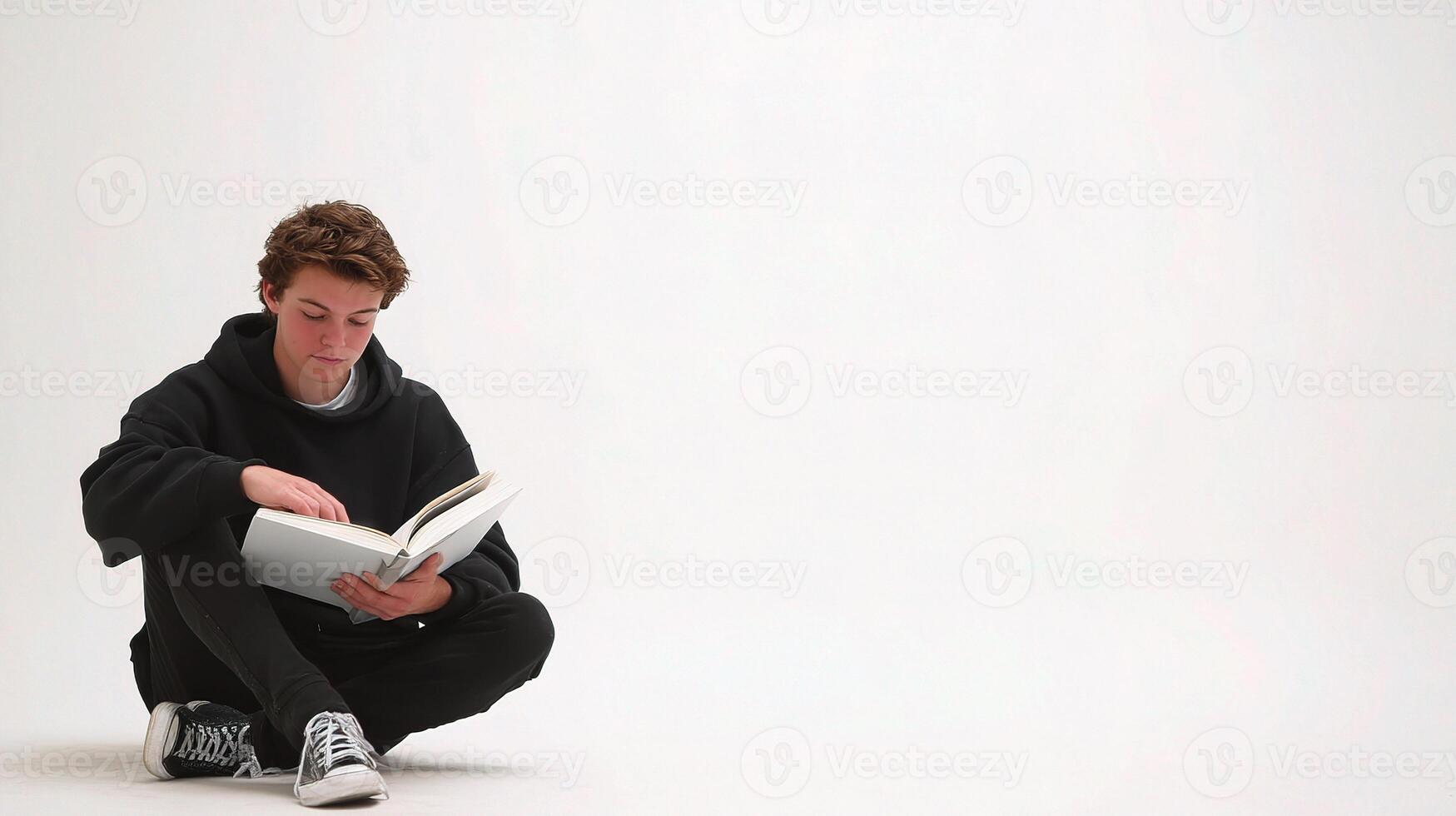 A young man sitting on the floor reading a book photo