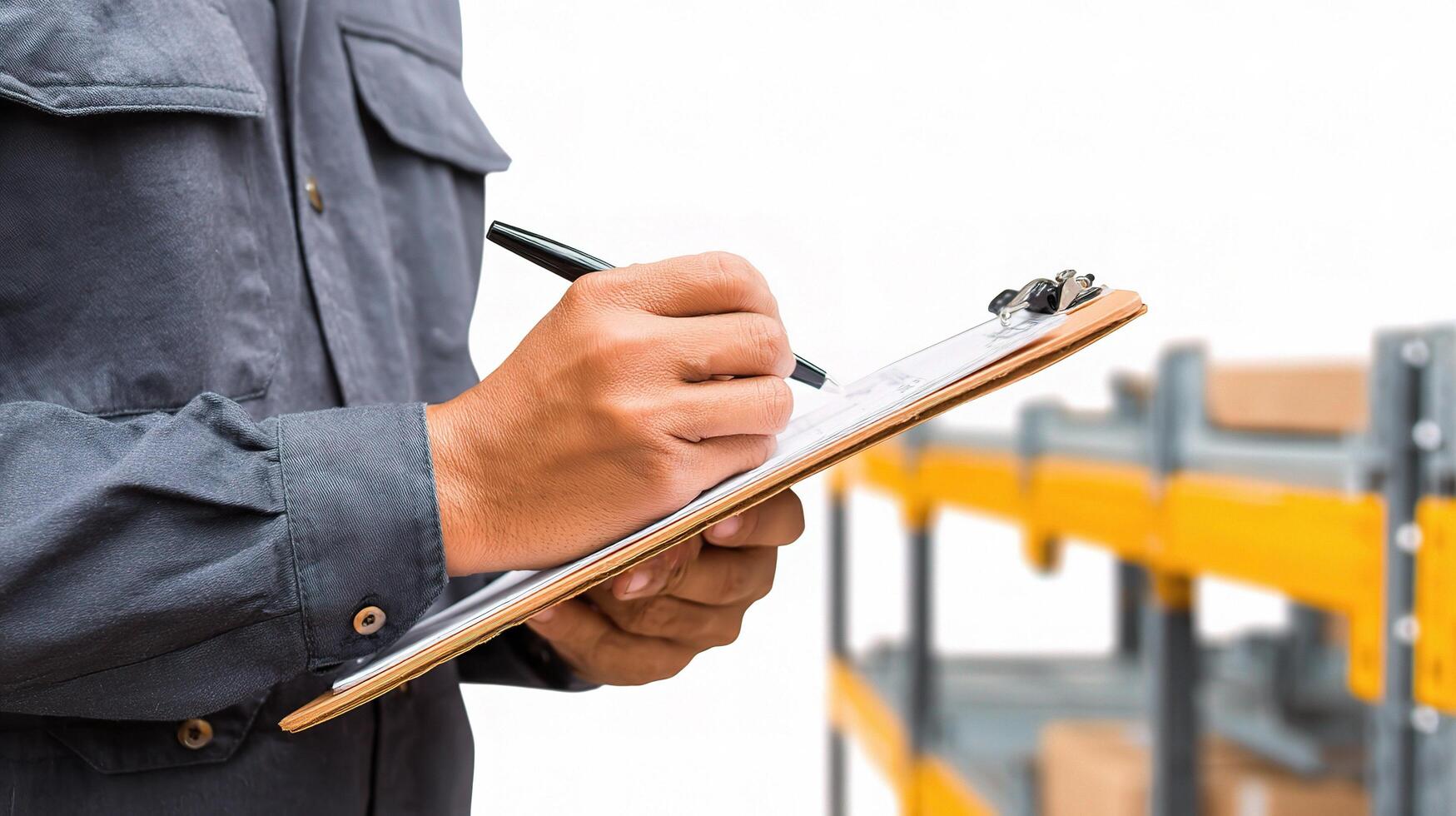 A man in a blue shirt is writing on a clipboard photo