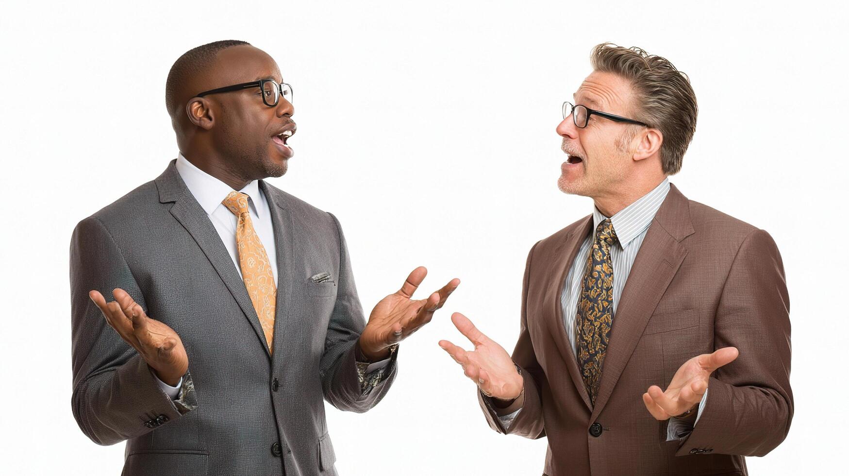 Two men in suits talking and gesturing photo