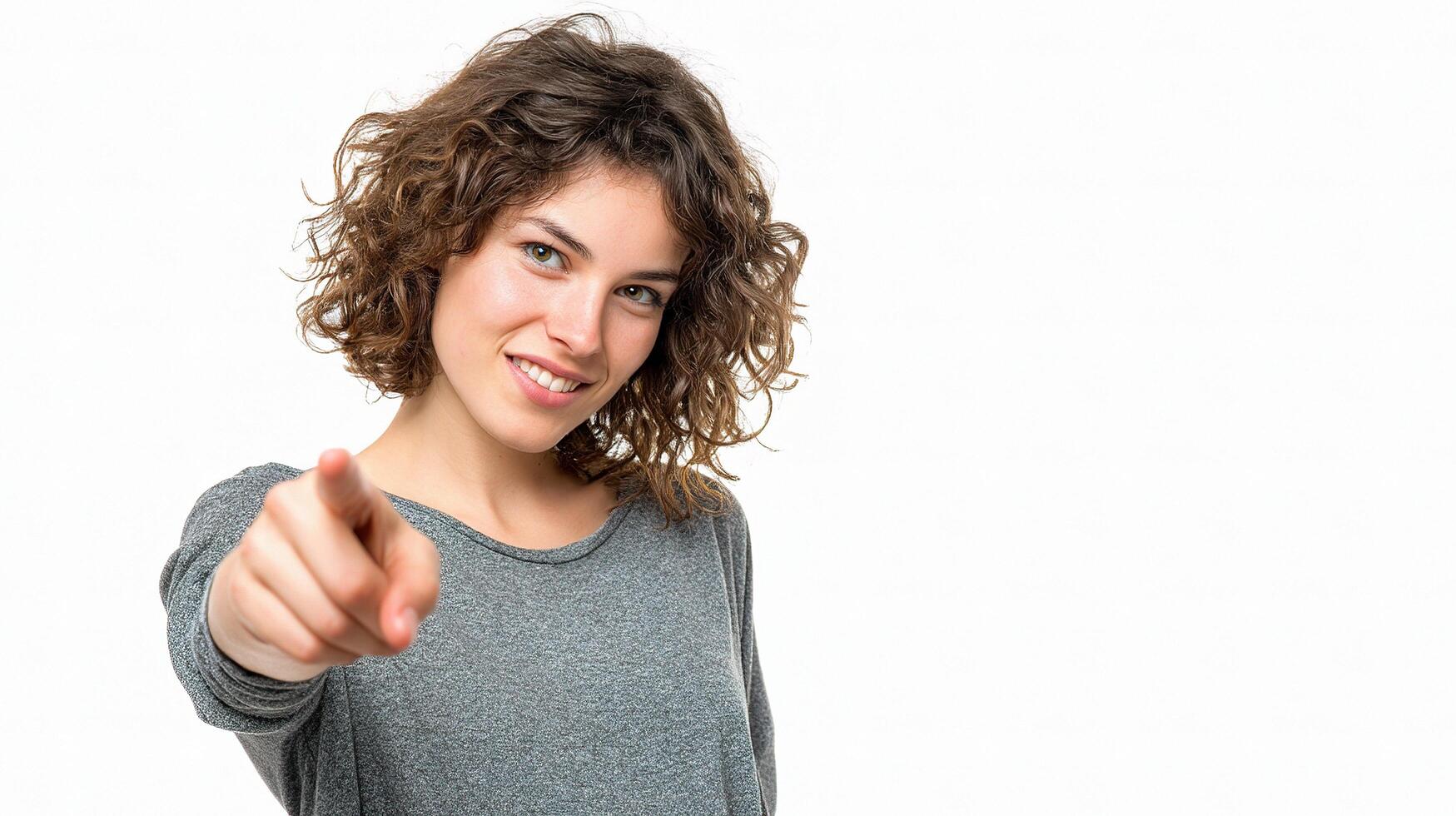 A woman pointing at something photo