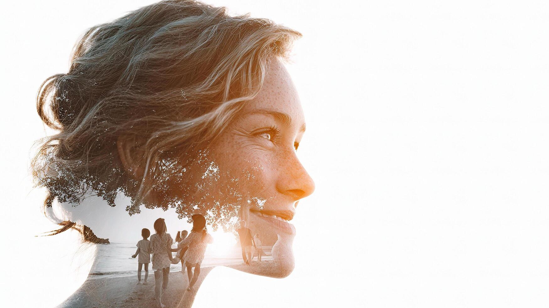 A woman's face is shown with a tree in the background photo