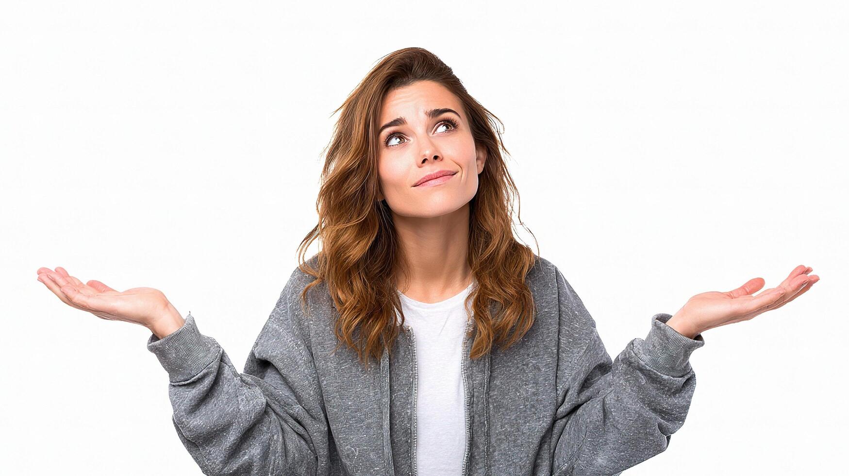 A woman is looking up with her hands out photo