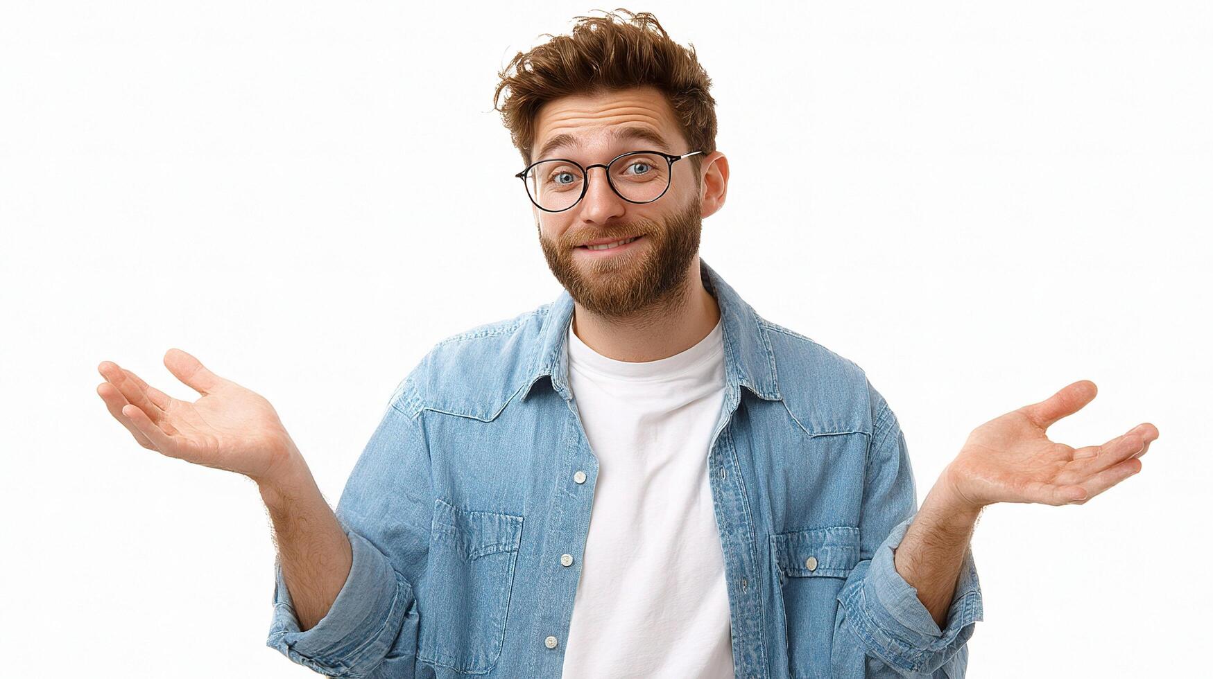 A man with glasses and a beard is holding his hands out photo